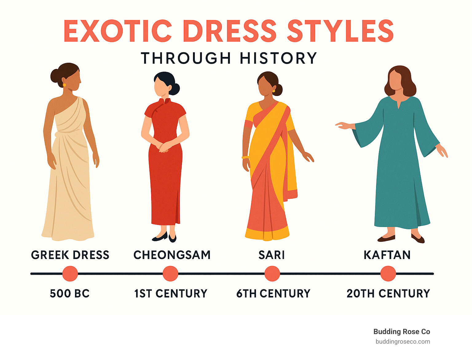 timeline showing the evolution of various exotic dress styles through history - exotic dress styles infographic 