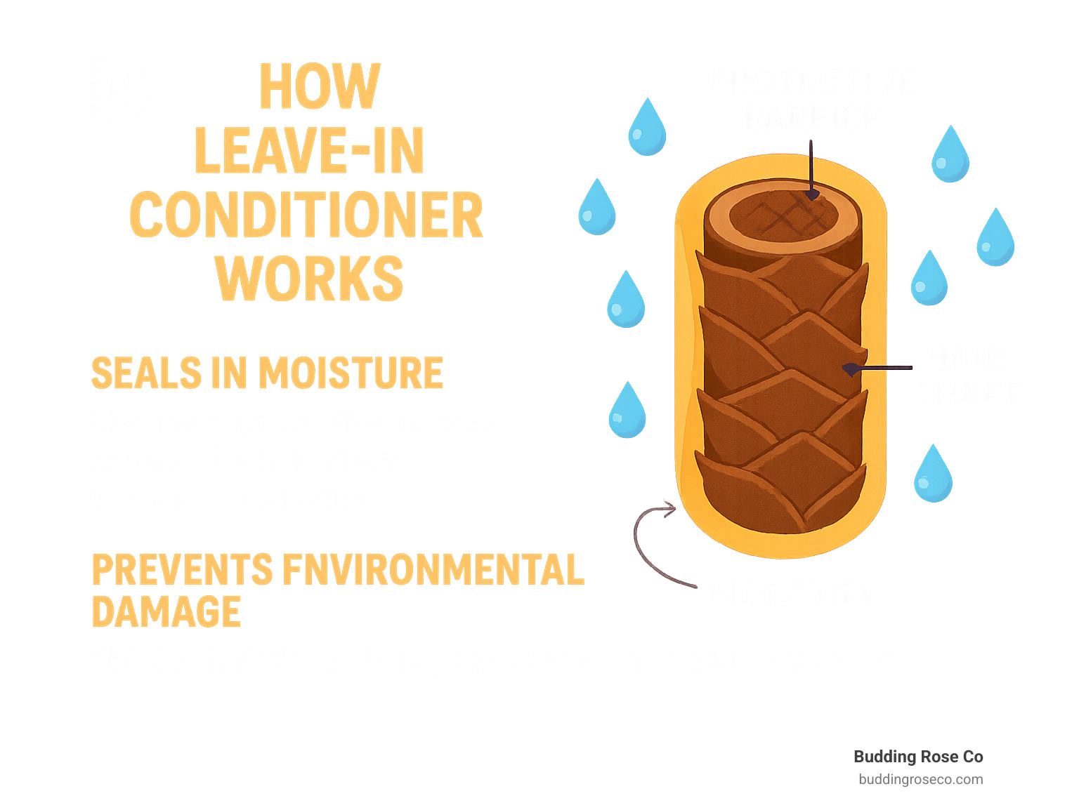 infographic showing how leave-in conditioner creates a protective barrier around the hair shaft, sealing in moisture and preventing environmental damage - leave in conditioner for curly hair infographic