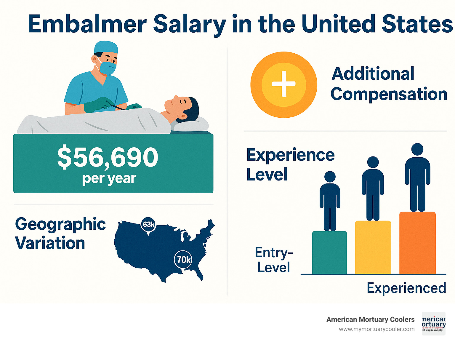Detailed breakdown of embalmer salary components showing base pay, additional compensation, geographic variations, and experience levels across the United States - embalmer salary infographic 