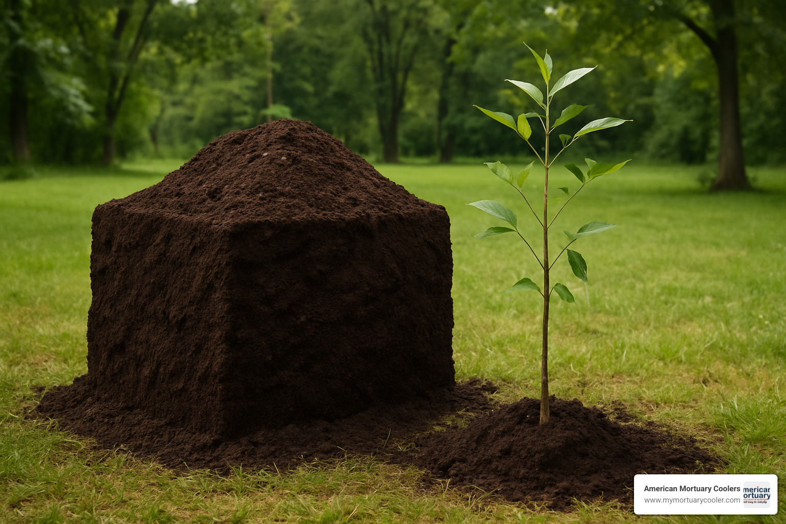 cubic yard of soil next to a newly planted tree sapling - human body compost