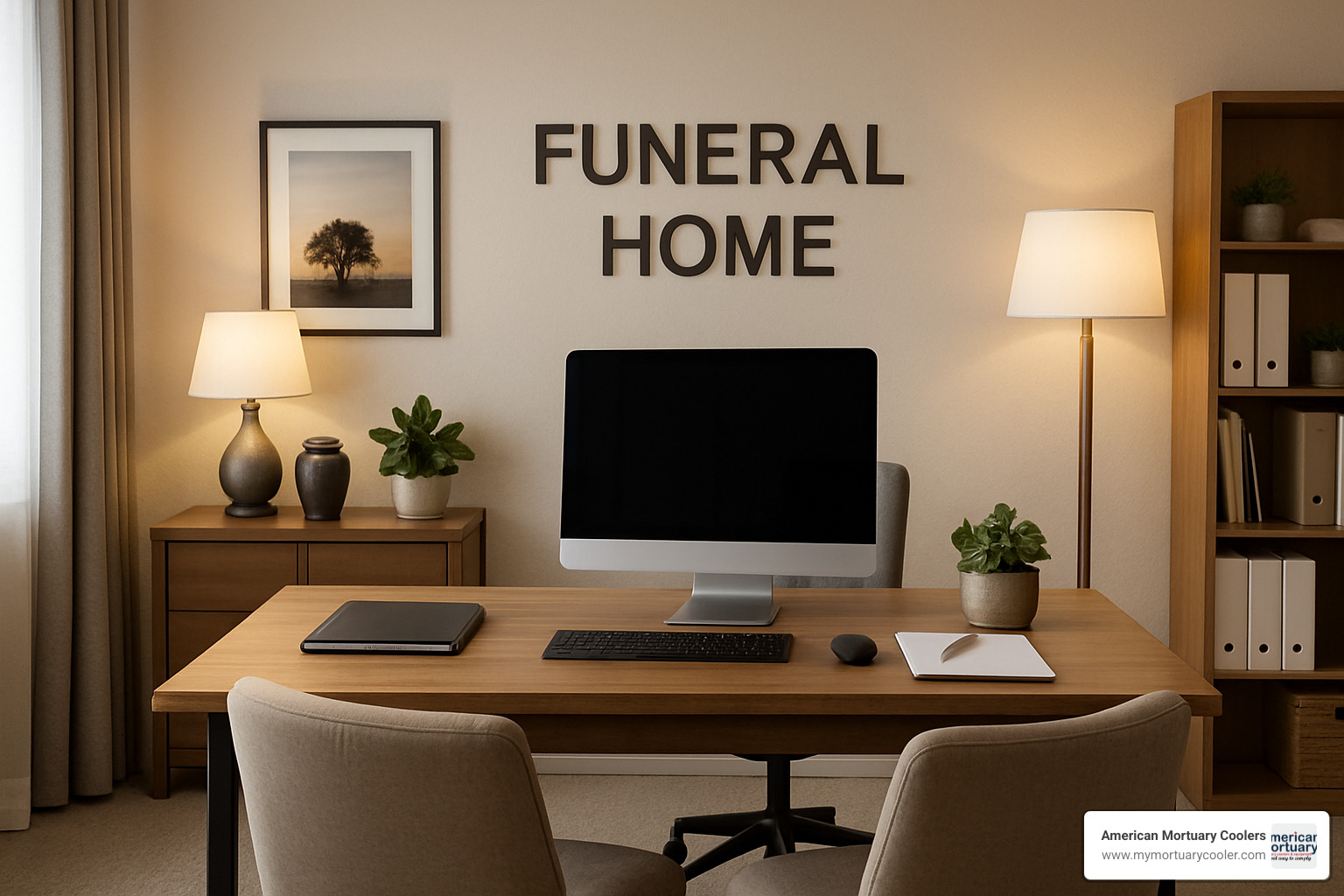 modern funeral home workspace with technology and comfortable arrangement office - how to become a mortician