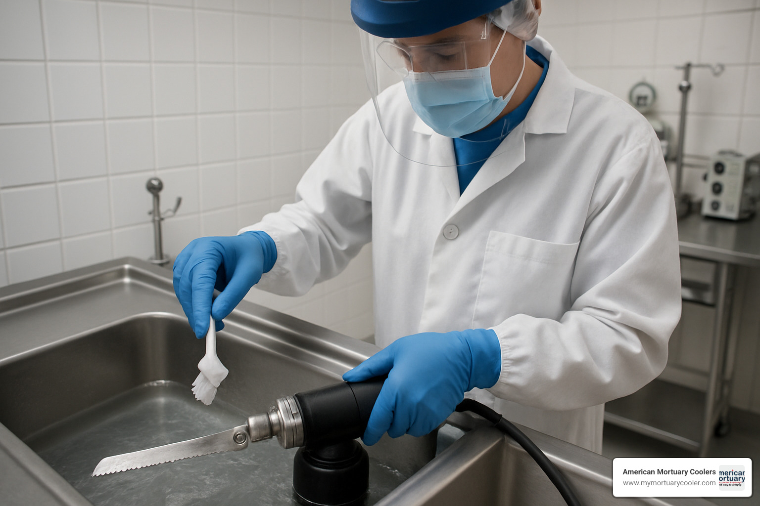 Technician cleaning a powered bone saw with submersible motor - bone saws