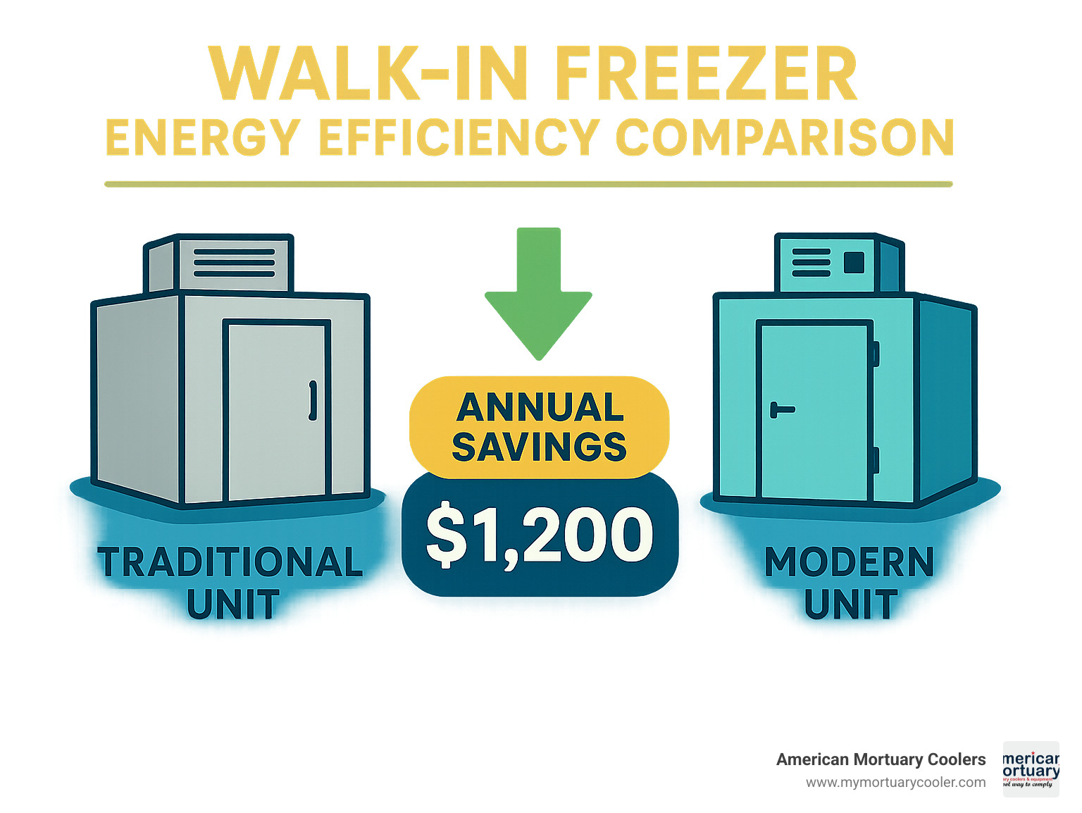 Walk-in freezer energy efficiency comparison showing annual savings between traditional and modern units - walking freezer infographic 