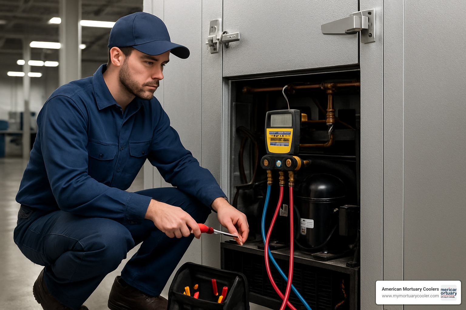 technician servicing walk-in freezer - walking freezer
