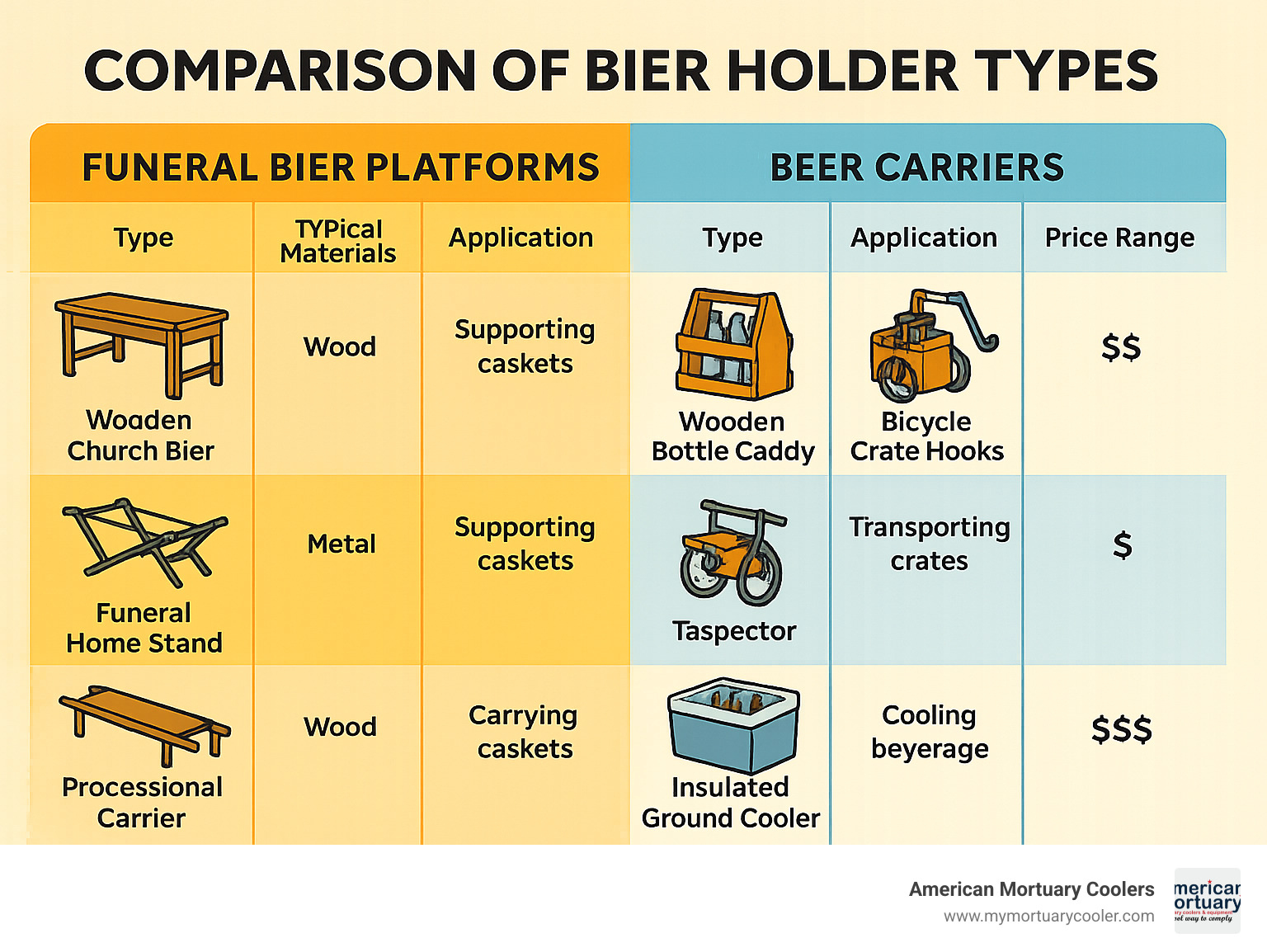 Comparison of bier holder types showing funeral bier platforms on the left (wooden church bier, metal funeral home stand, and processional carrier) and beer carriers on the right (wooden bottle caddy, bicycle crate hooks, and insulated ground coolers) with their typical materials, applications, and price ranges - bier holder infographic 