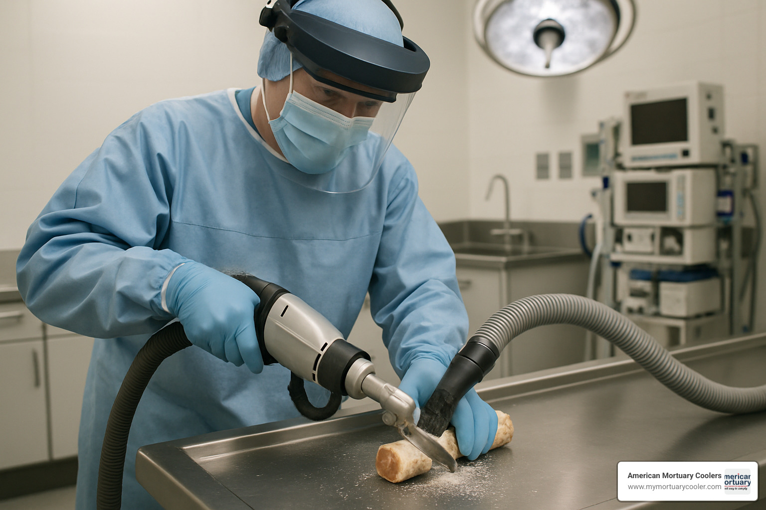 Pathologist using powered bone saw with vacuum attachment - bone saws