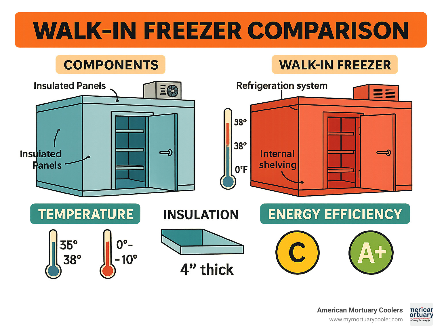 Walk-in freezer comparison showing components, temperature ranges, insulation thickness, and energy efficiency ratings between standard coolers and freezers - walking freezer infographic 