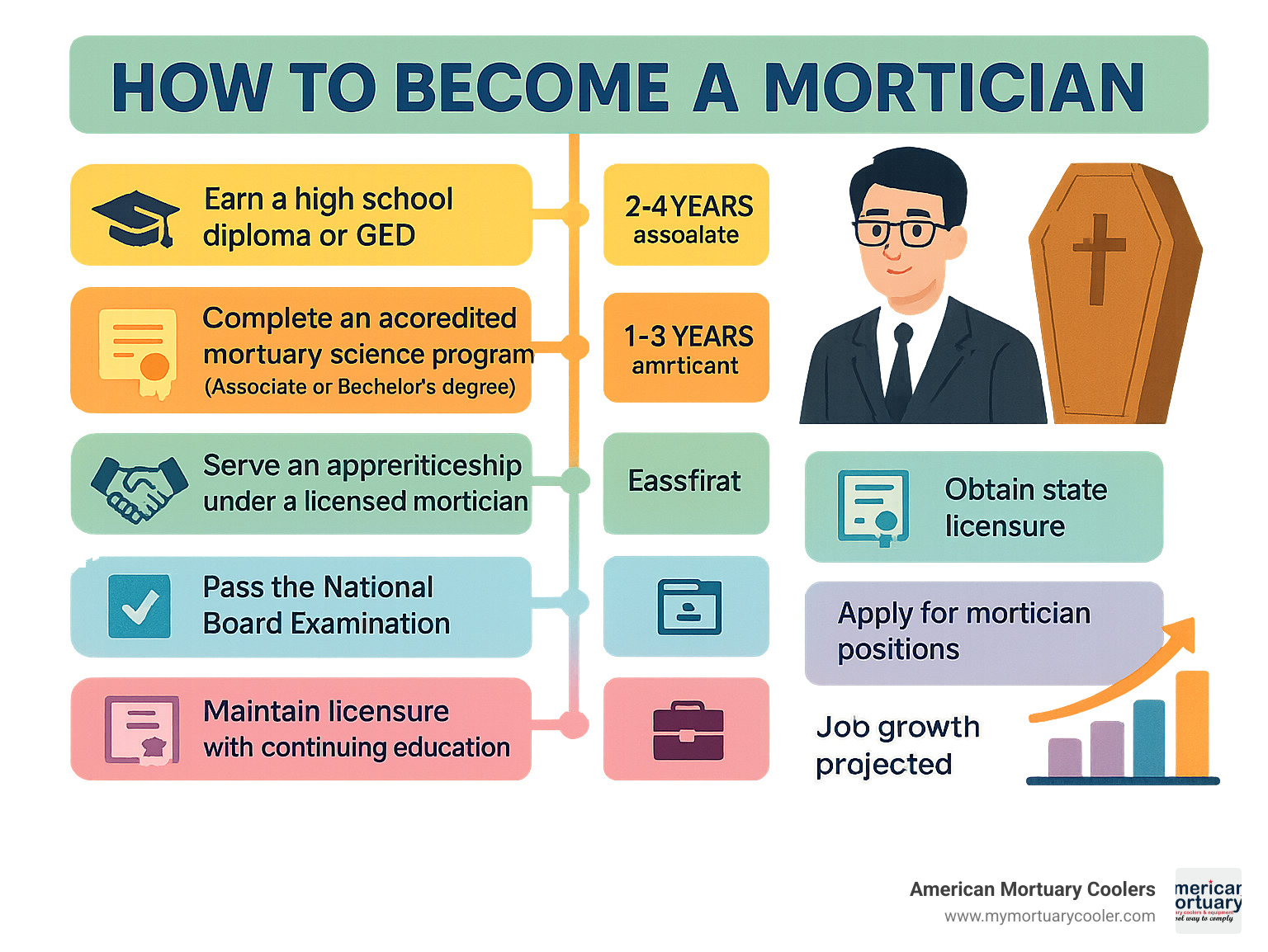 Step-by-step guide showing the educational requirements, licensing process, apprenticeship details, and career outlook for becoming a mortician, with timeline showing average completion times for each step - how to become a mortician infographic 