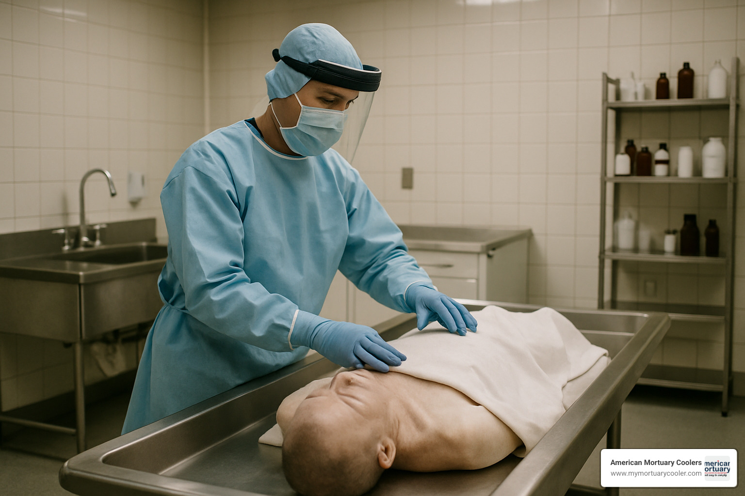 embalmer using personal protective equipment - mortuary science salary