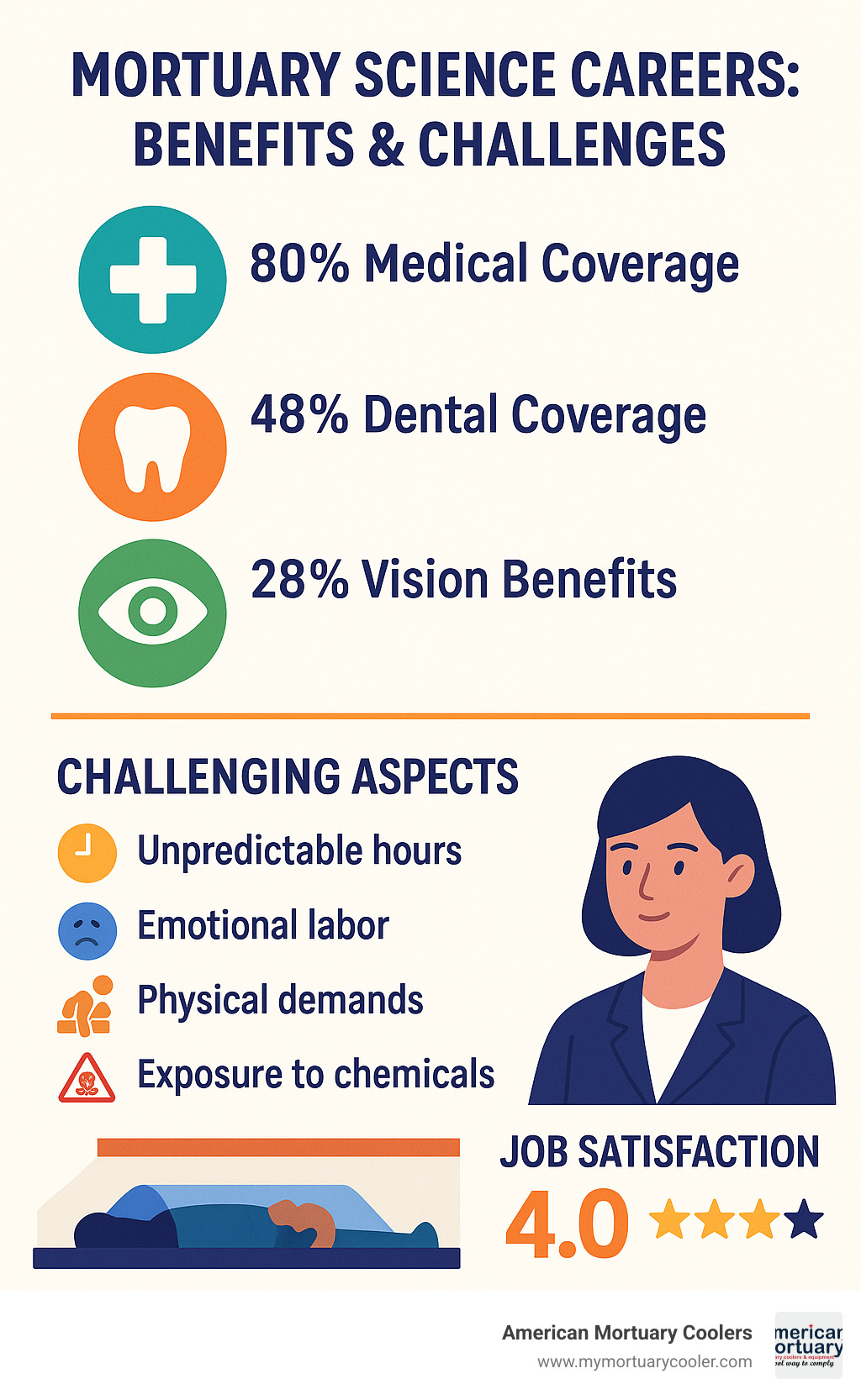 Comprehensive analysis of benefits and challenges in mortuary science careers, showing that 80% receive medical coverage, 48% dental, and 28% vision benefits, alongside data on job satisfaction rating of 4.0/5 among mortuary science professionals - mortuary science salary infographic 