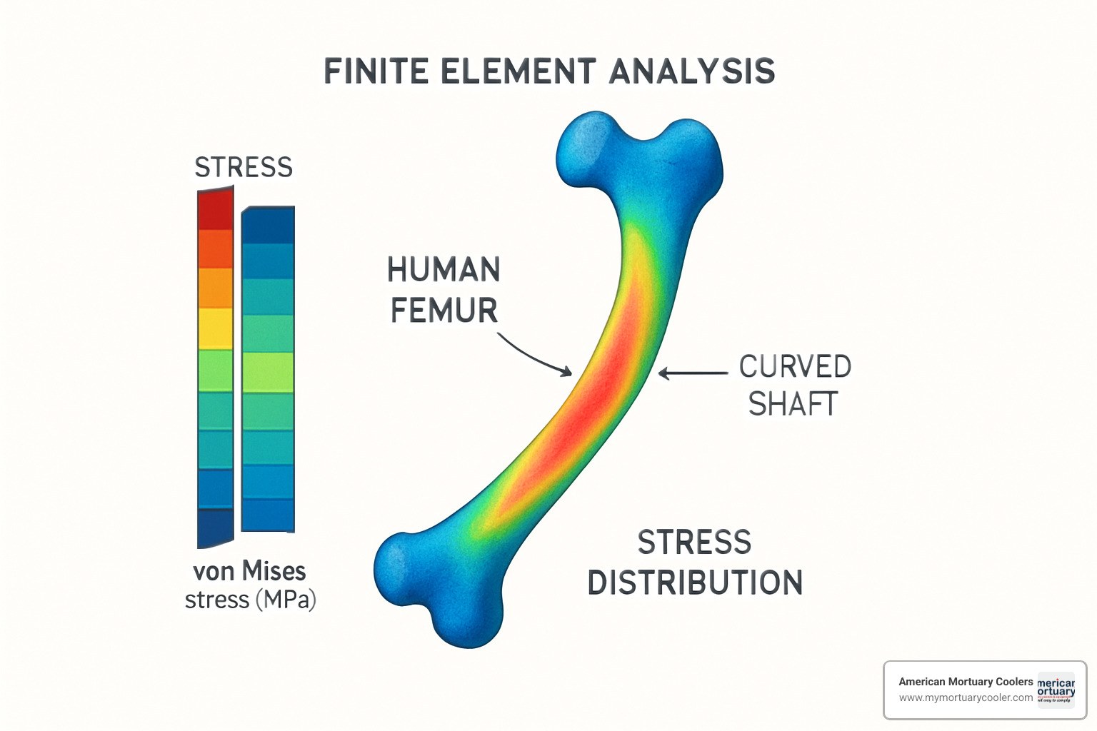 Finite element analysis of curved femur showing stress distribution - curved bone