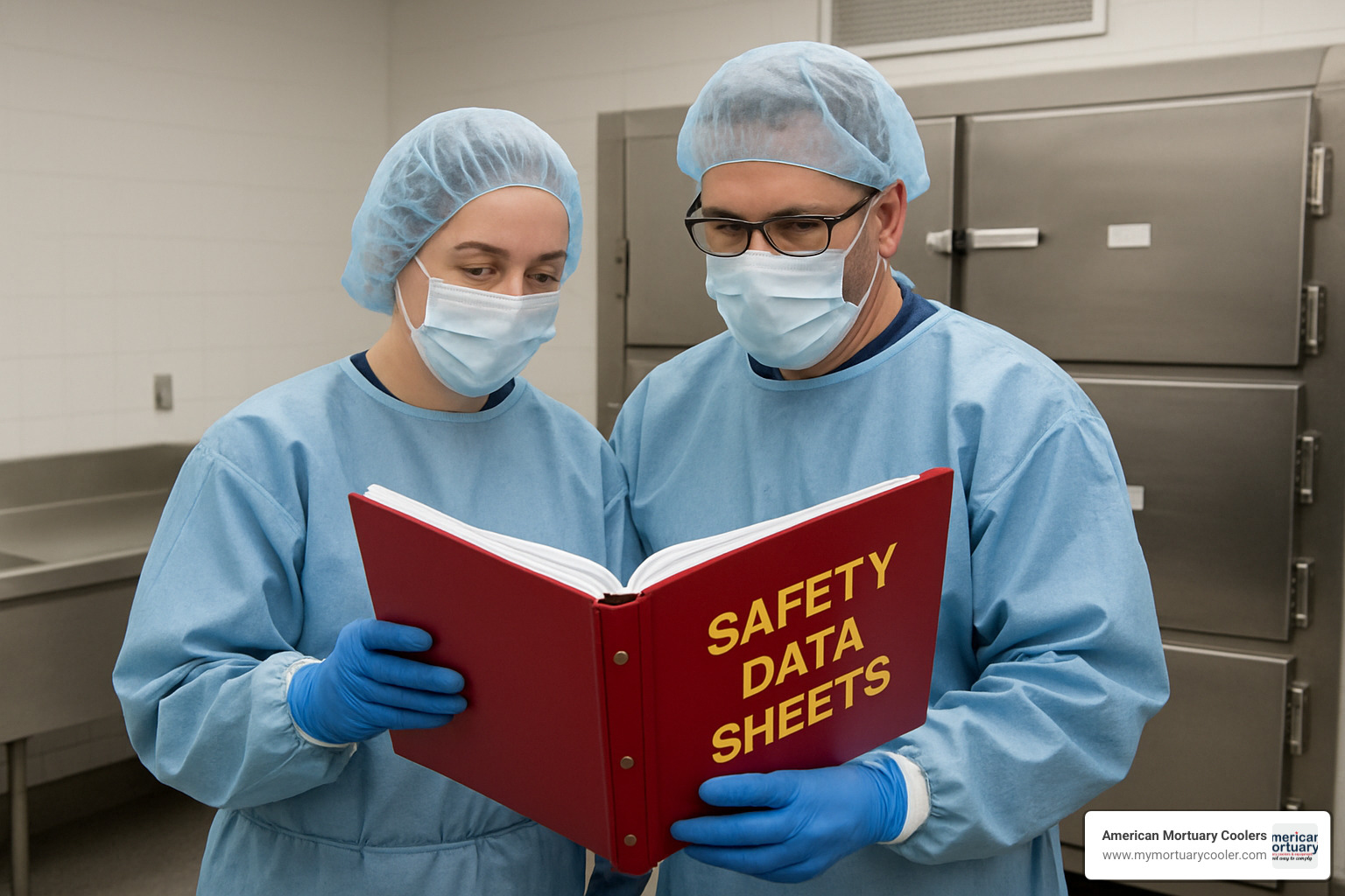 Staff reviewing SDS binder in mortuary setting - lysol brand sds