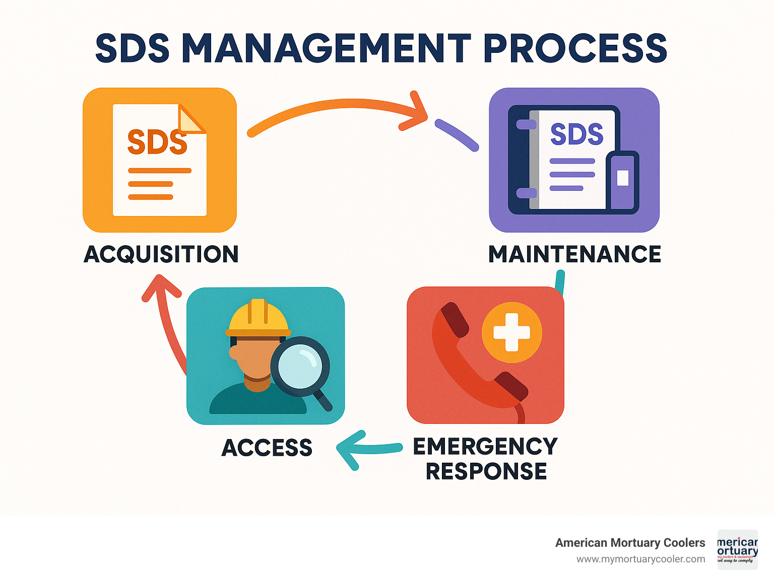 Workflow diagram showing SDS management process from acquisition to emergency response - lysol brand sds infographic