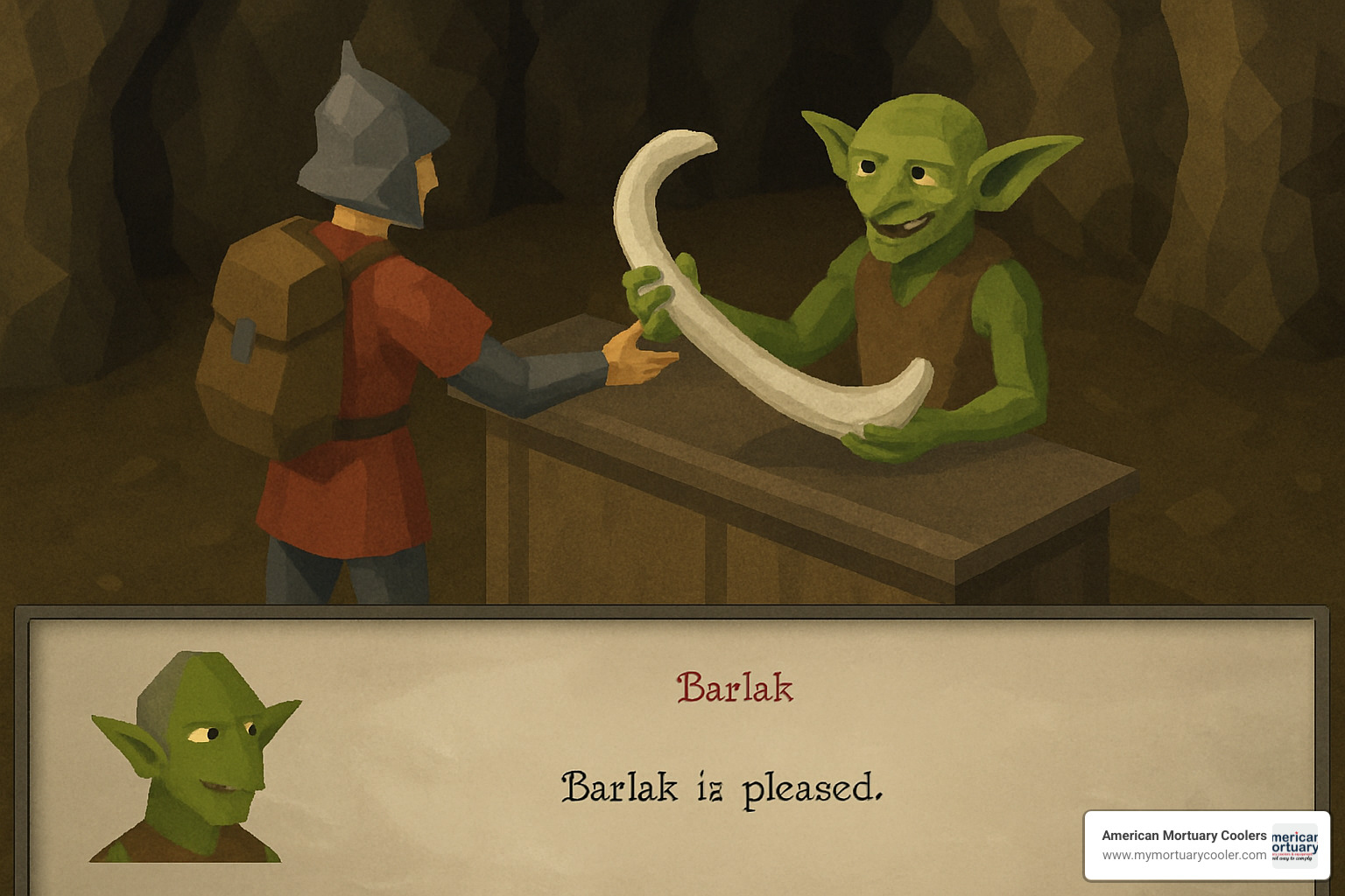 Player handing in curved bone to Barlak NPC - curved bone
