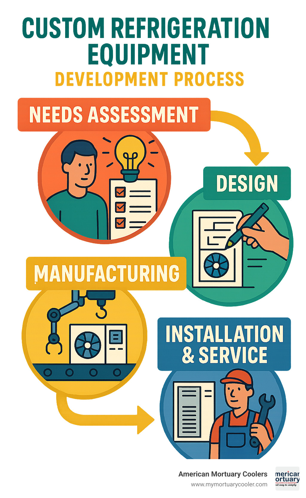 Custom refrigeration equipment development process showing needs assessment, design, manufacturing, installation and service phases - Custom refrigeration equipment infographic 