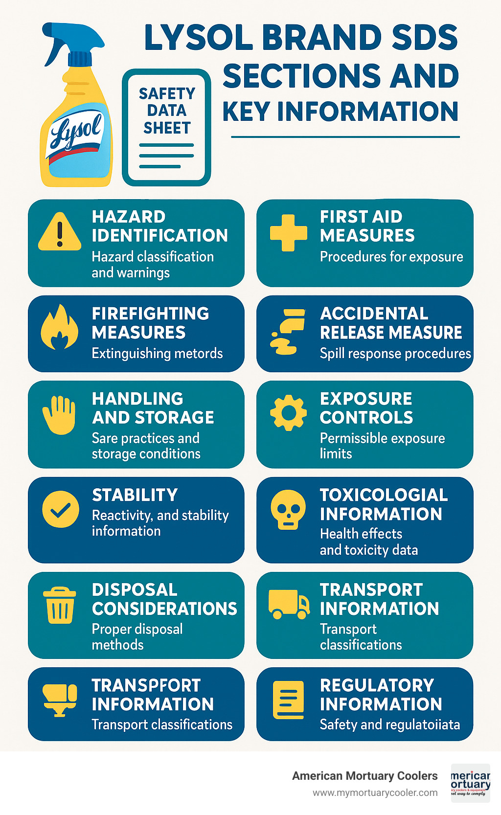 Safety Data Sheet sections and key information for Lysol products including hazard identification, composition, first aid measures, firefighting measures, accidental release measures, handling and storage, exposure controls, physical properties, stability, toxicological information, ecological information, disposal considerations, transport information, and regulatory information - lysol brand sds infographic