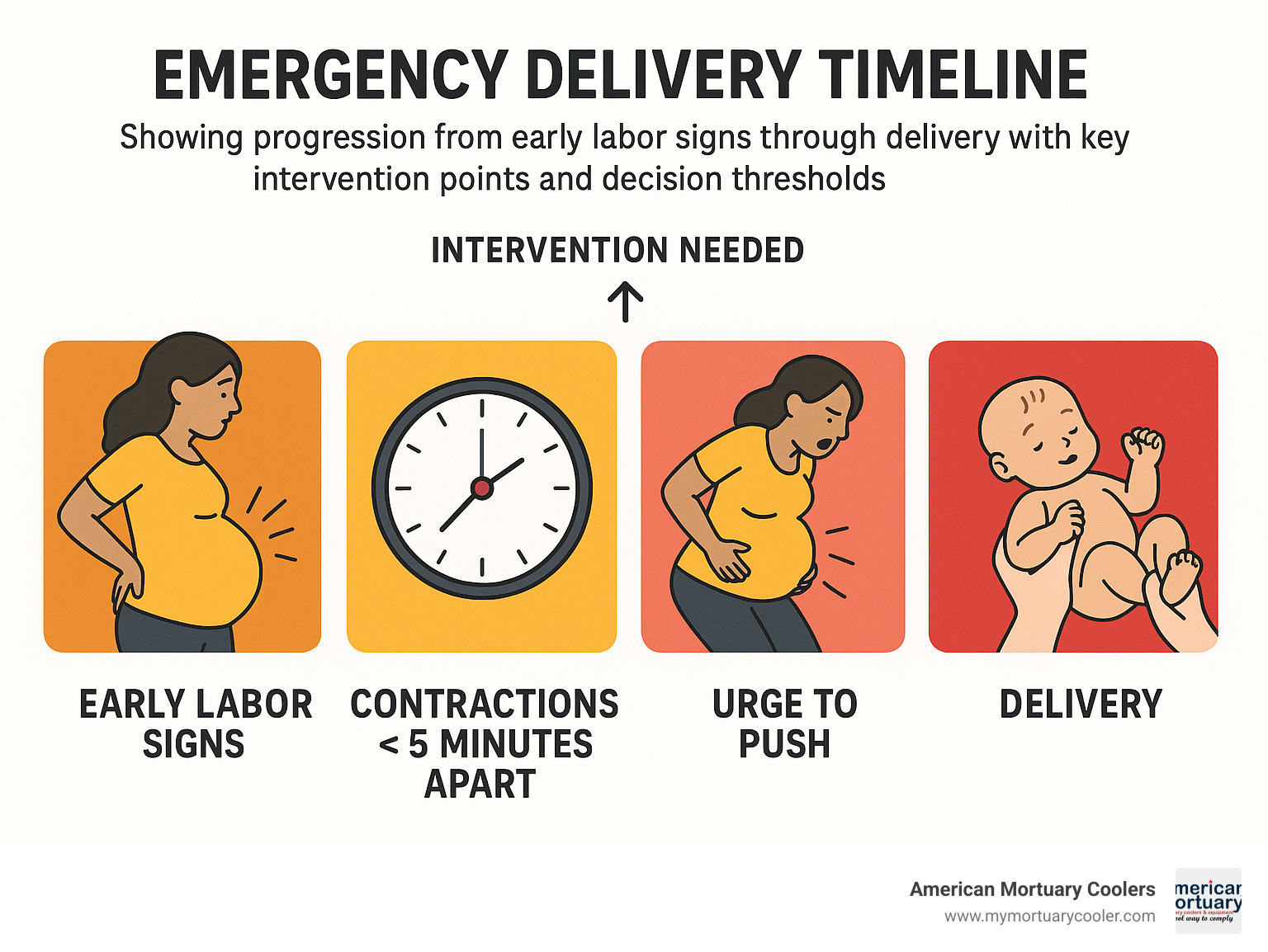 Emergency delivery timeline showing progression from early labor signs through delivery with key intervention points and decision thresholds - What is emergency delivery infographic 
