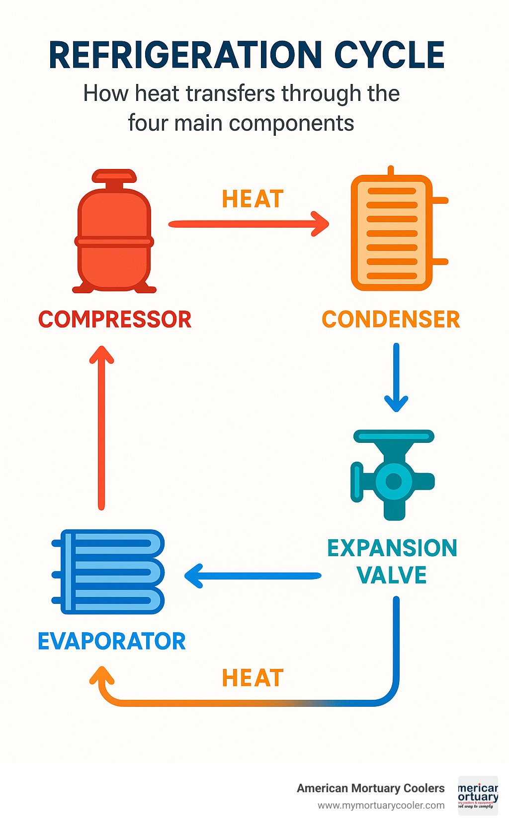 Refrigeration cycle showing how heat transfers through the four main components - What is the refrigeration system infographic 