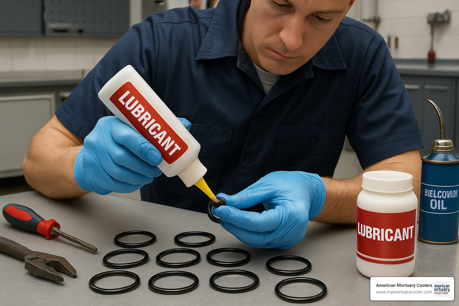 Technician applying lubricant to O-rings during maintenance - lubricant ring