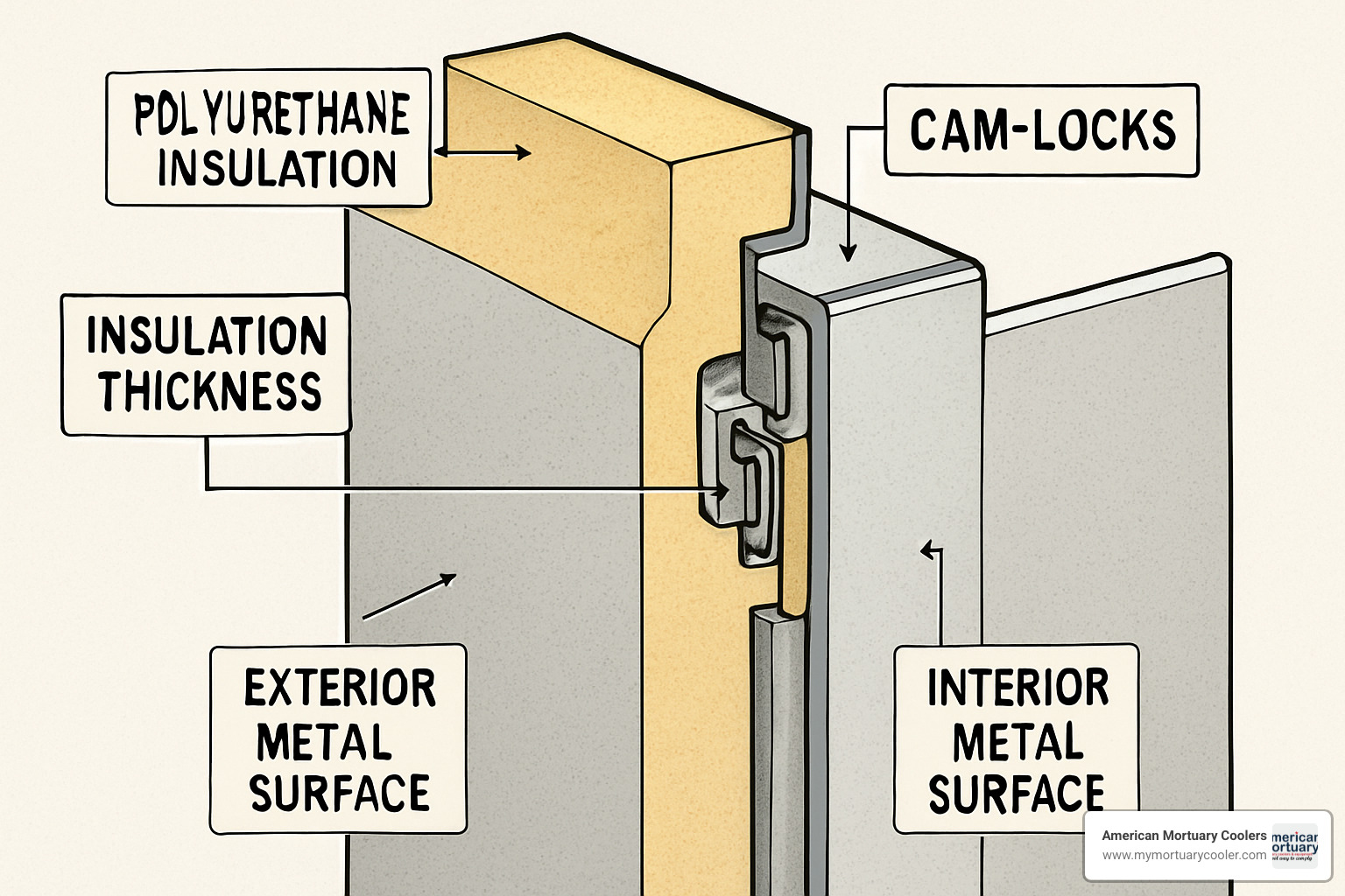 Walk-in cooler panel construction showing insulation thickness and cam-lock system - walk in cooler size