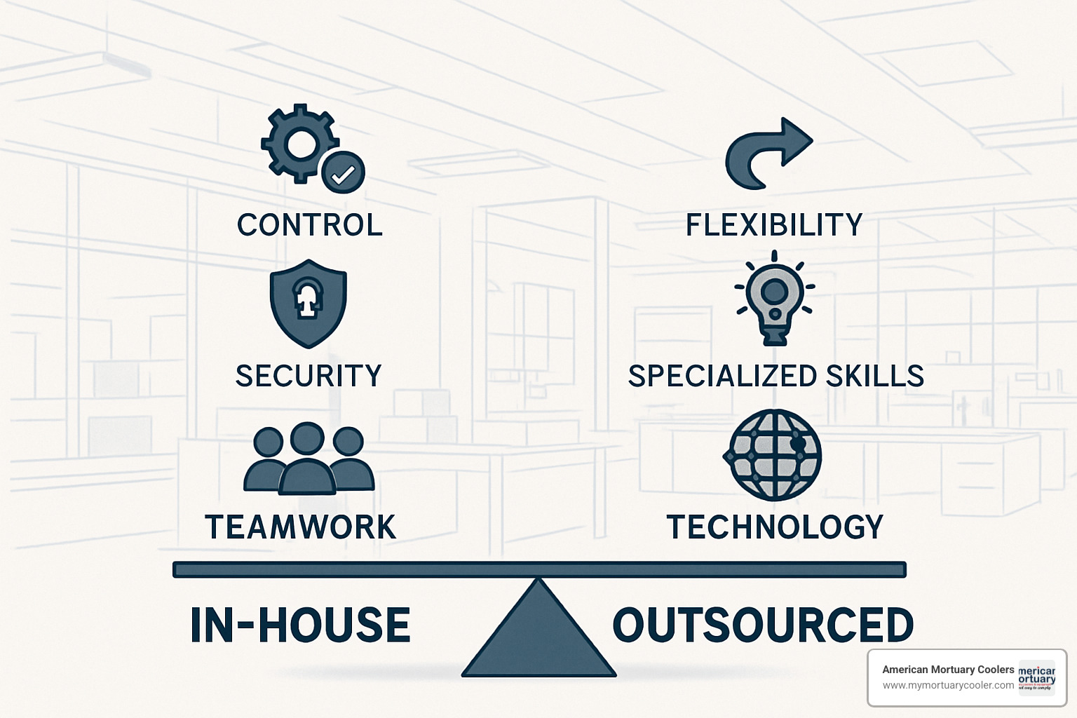 Diagram showing the balance between in-house control and outsourced expertise - in house or in house