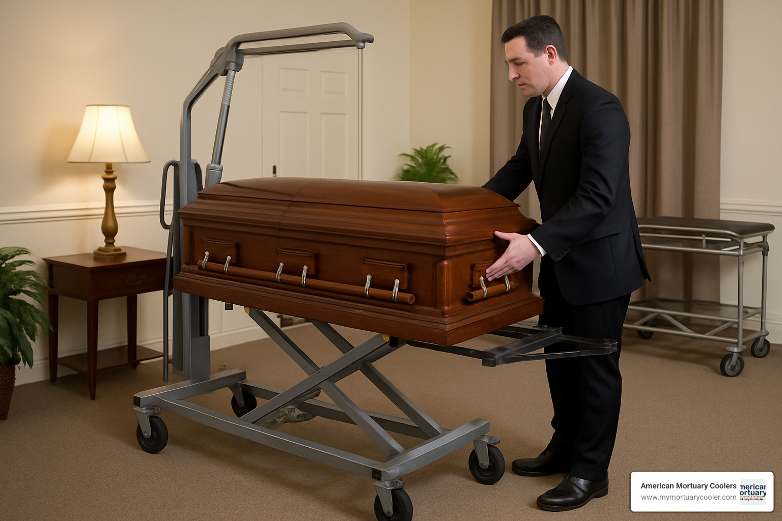 Mortuary lift being used in a funeral home setting - www.lowprofilemortuarylift.com Mortuary lift being used in a funeral home setting - www.lowprofilemortuarylift.com