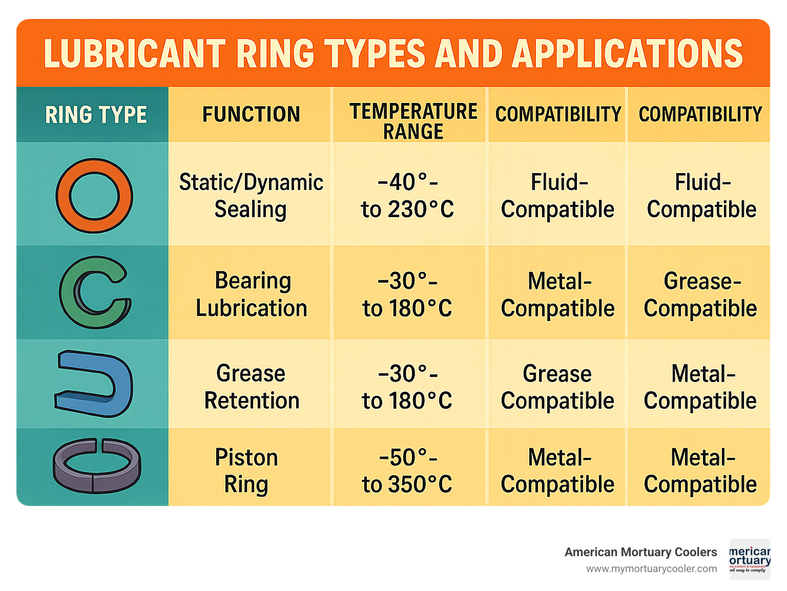 Lubricant ring types and applications showing O-rings, oil rings, NILOS-rings and piston rings with their corresponding functions, temperature ranges, and compatibility information - lubricant ring infographic 