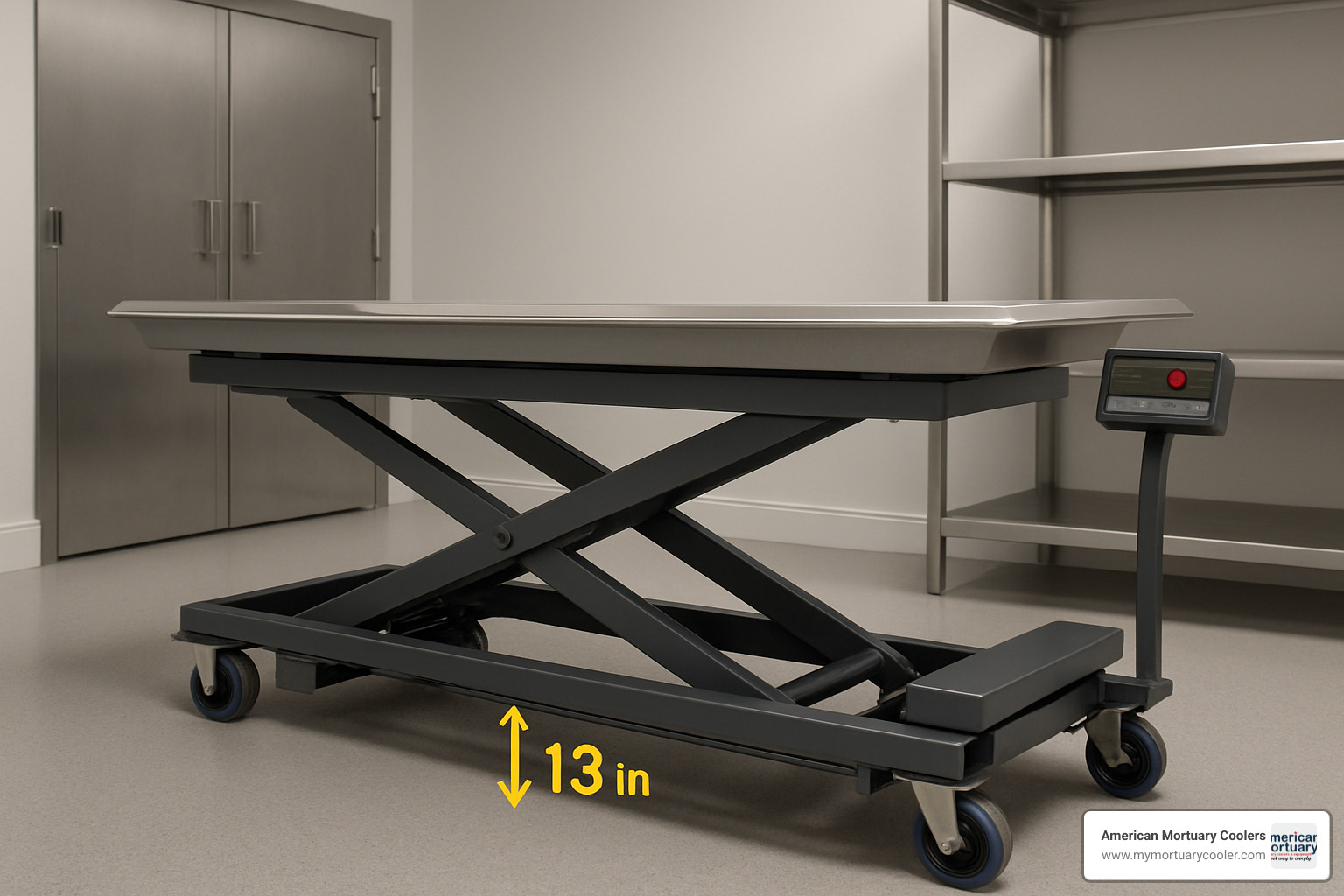 Low profile mortuary lift showing 13-inch minimum height - American Mortuary Coolers Low profile mortuary lift showing 13-inch minimum height - American Mortuary Coolers