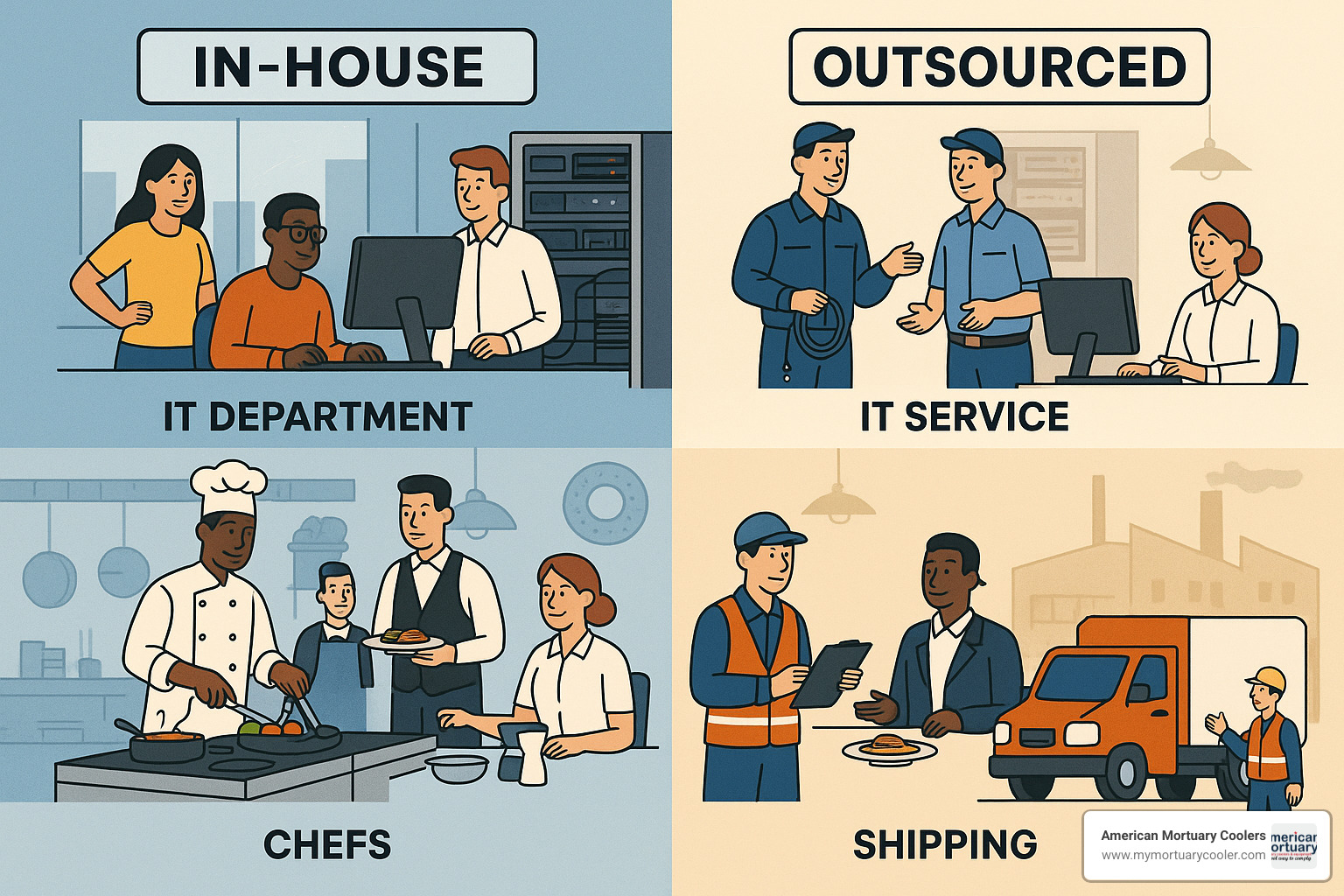 Examples of in-house vs outsourced operations in different industries - in house or in house