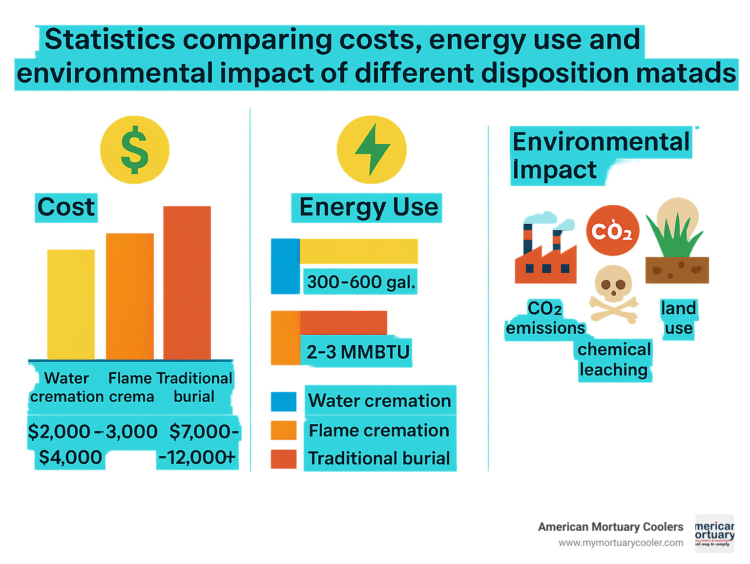 Statistics comparing costs, energy use and environmental impact of different disposition methods - water cremation infographic 
