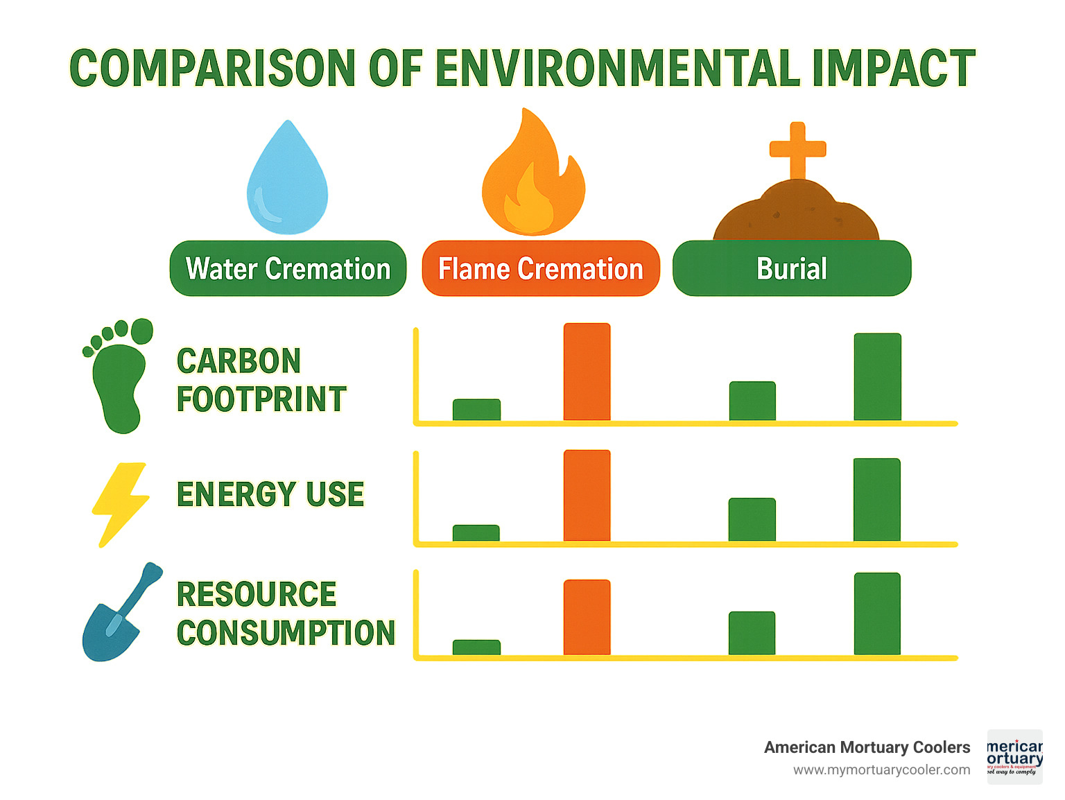 Comparison of environmental impact between water cremation, flame cremation and burial showing carbon footprint, energy use, and resource consumption metrics - water cremation infographic 