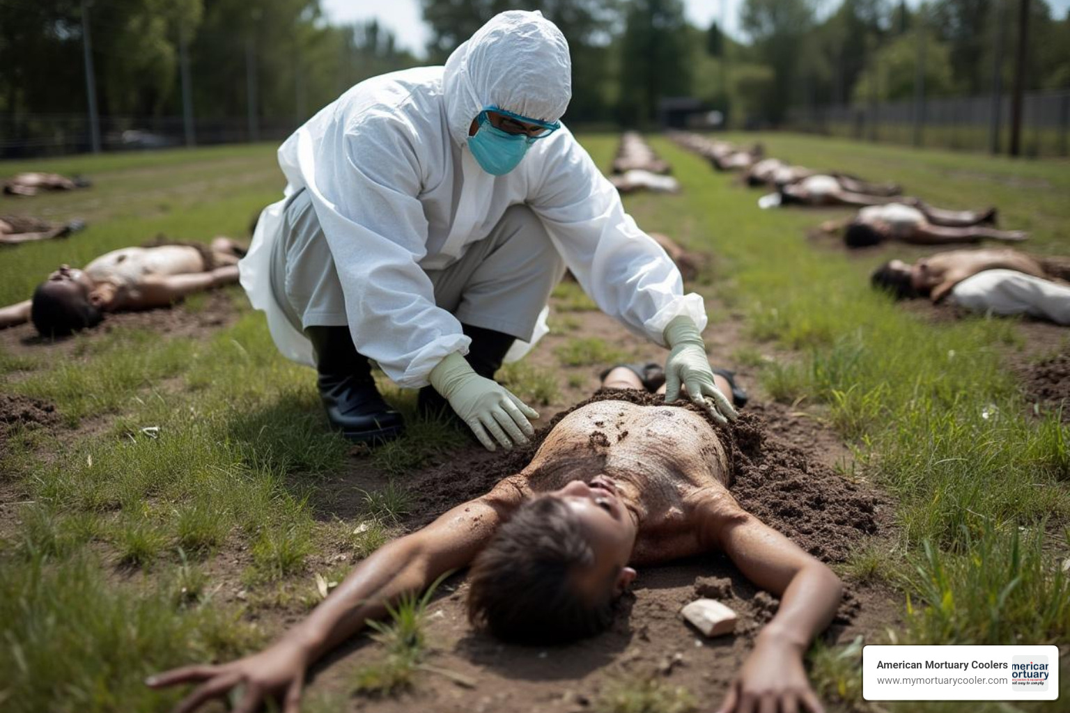 Forensic researcher examining decomposition stages at a body farm research facility - decomposed bodies