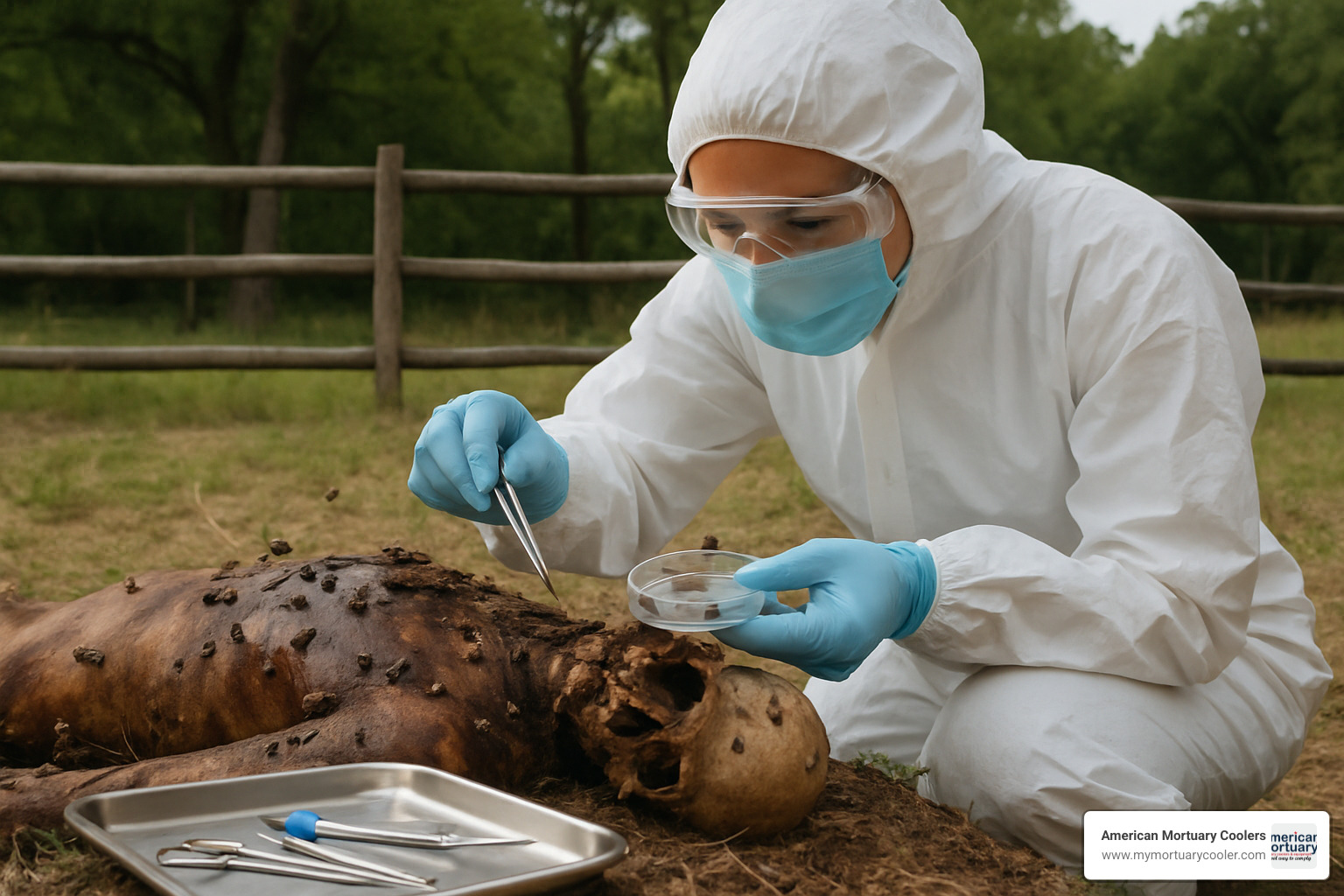 Forensic entomologist collecting insect evidence from decomposed remains - decomposed bodies