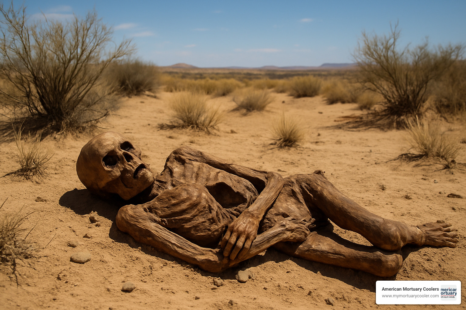 Mummified remains in arid climate showing natural preservation - decomposed bodies