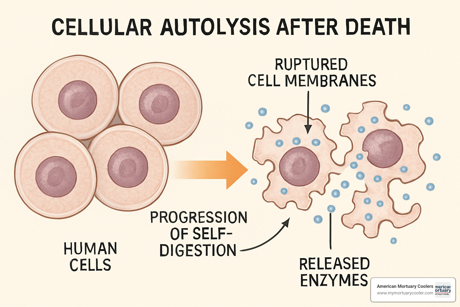 Cellular autolysis diagram showing how cells break down after death - decomposed bodies