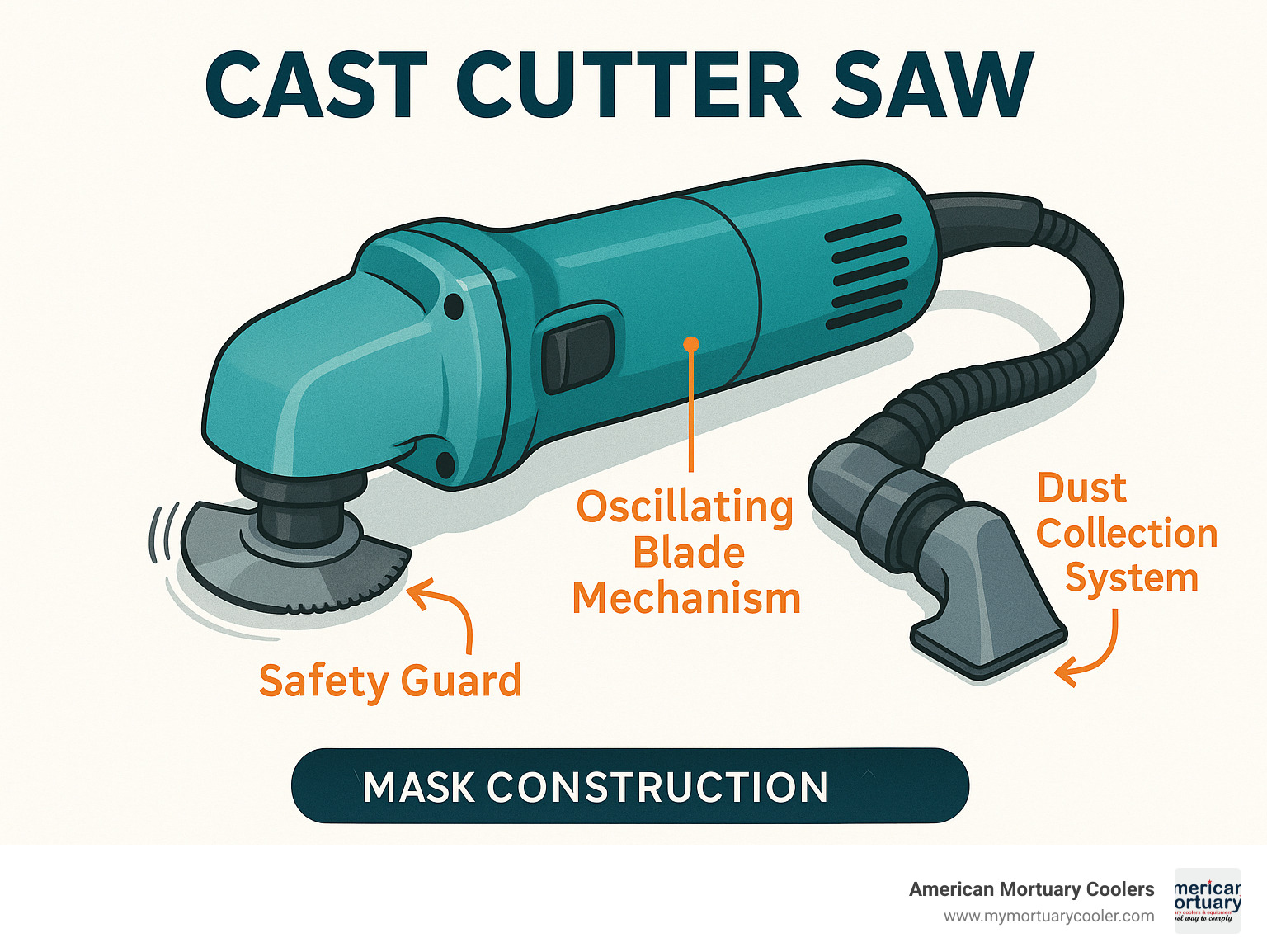 Cast cutter saw diagram showing oscillating blade mechanism, safety guard, and dust collection system - cast cutter saw infographic 