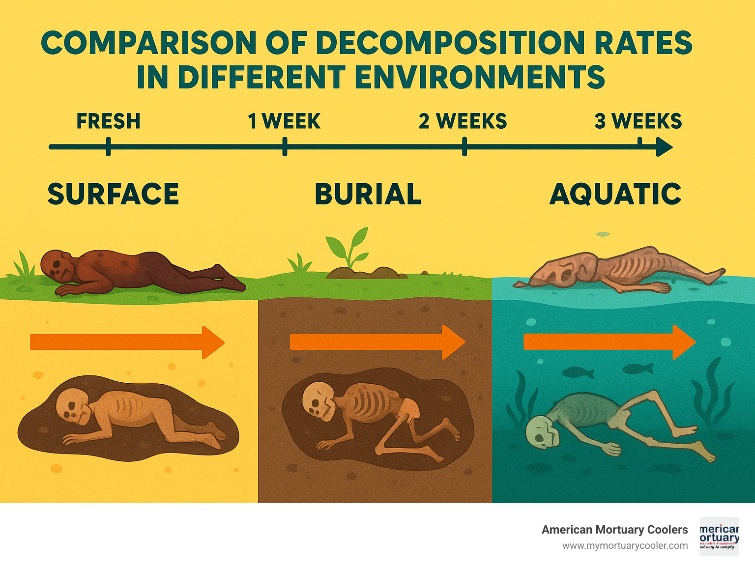 Comparison of decomposition rates in different environments showing timeline variations between surface exposure, burial, and aquatic environments - decomposed bodies infographic 