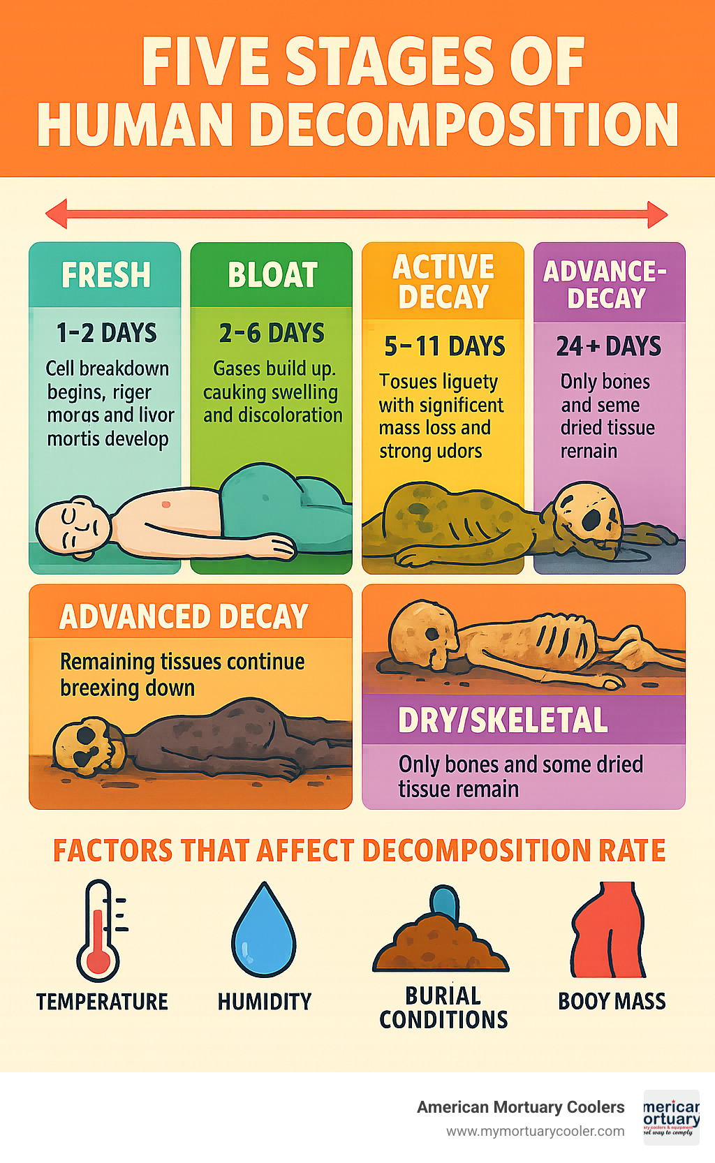 Five stages of human decomposition showing timeline and physical changes at each stage, with factors that affect decomposition rate including temperature, humidity, burial conditions, and body mass - decomposed bodies infographic 