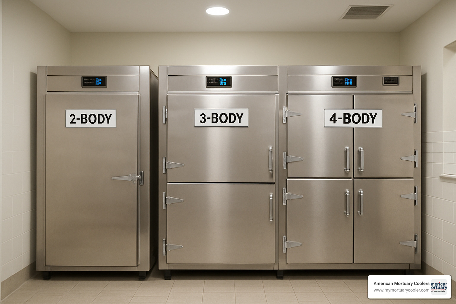 Various mortuary cooler models showing 2-body, 3-body, and 4-body units with different door configurations - mortuary.cool