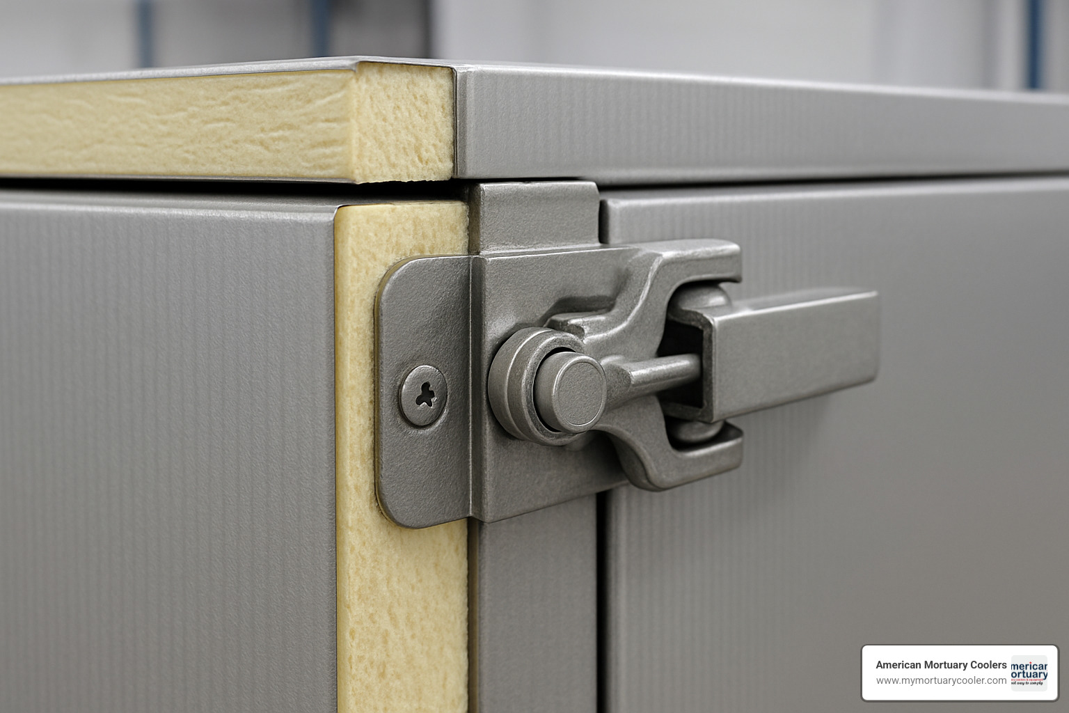 Close-up image of mortuary cooler cam-lock panel assembly system showing secure connection and insulation thickness - mortuary.cool