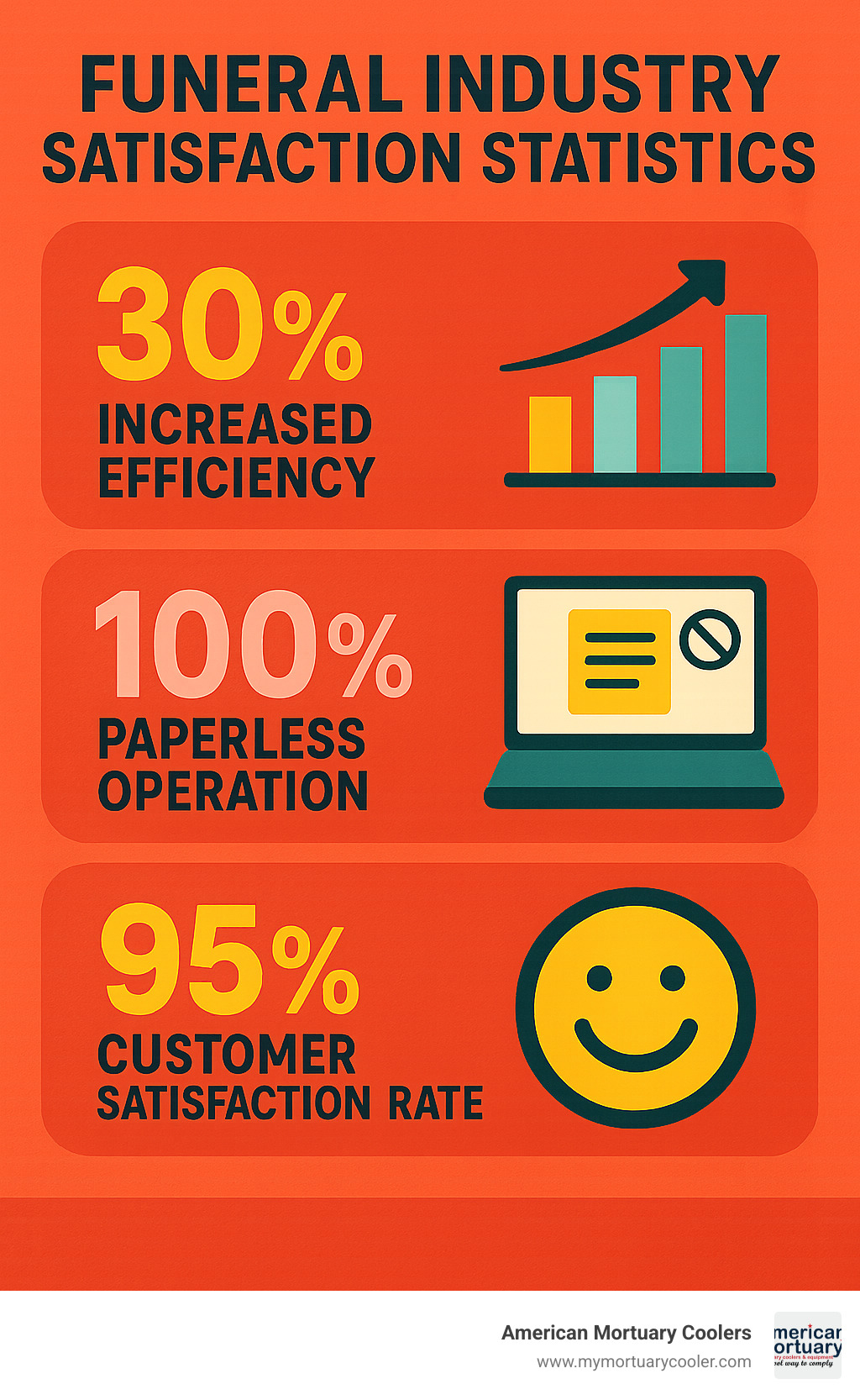 Funeral industry satisfaction statistics showing 30% increased efficiency, 100% paperless operation, and 95% customer satisfaction rate - mortuary.cool infographic