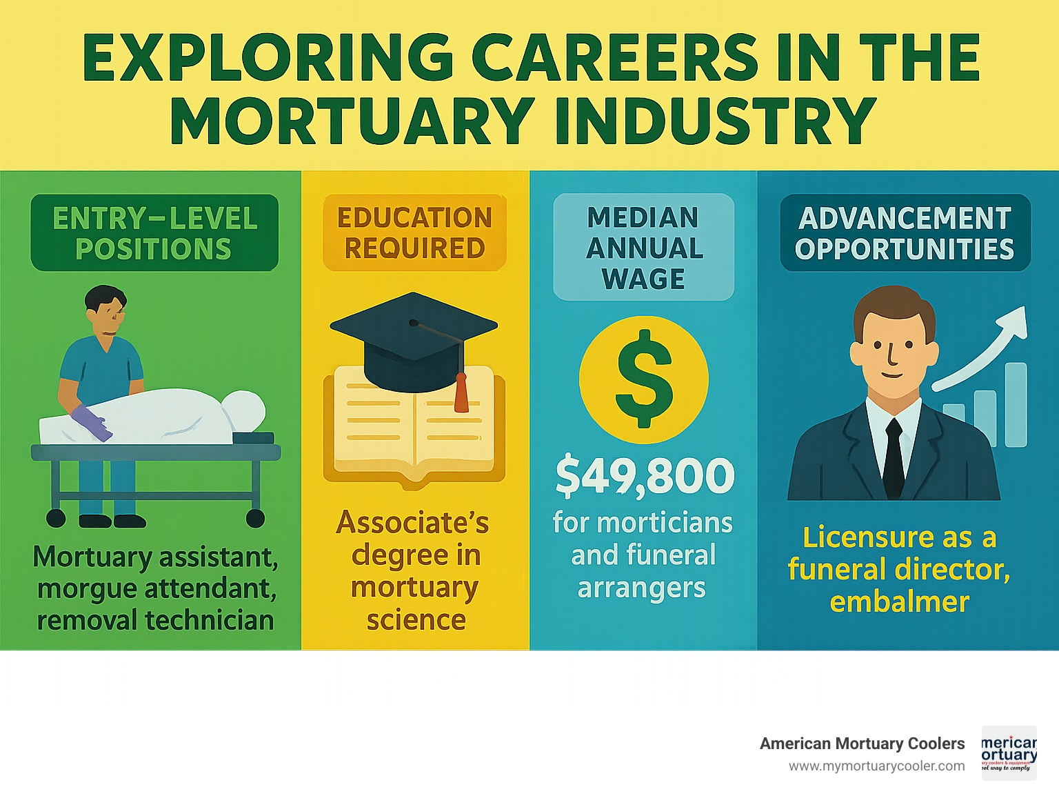 Detailed infographic showing mortuary career pathways with education requirements, salary ranges, and advancement opportunities - job mortuary infographic 