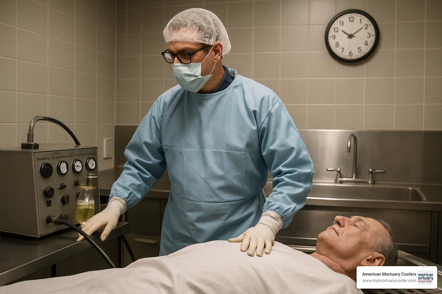 Mortuary professional using specialized equipment in preparation room - job in mortuary