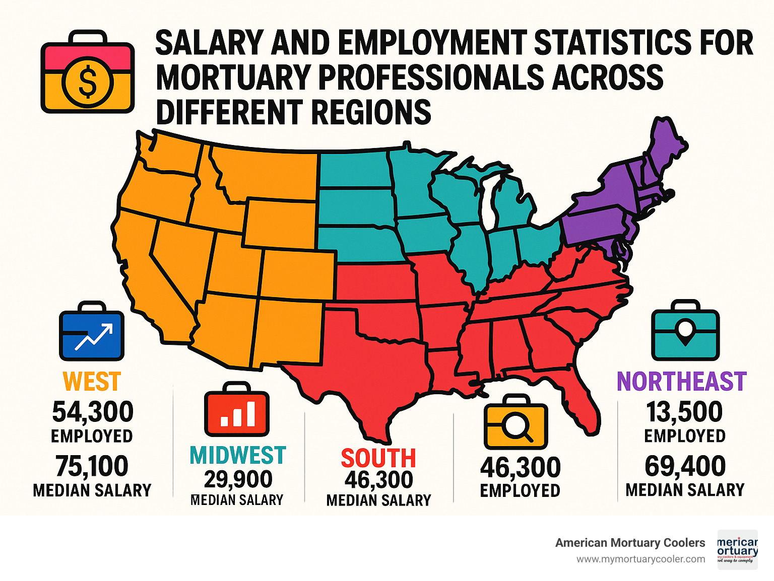 Salary and employment statistics for mortuary professionals across different regions - job mortuary infographic