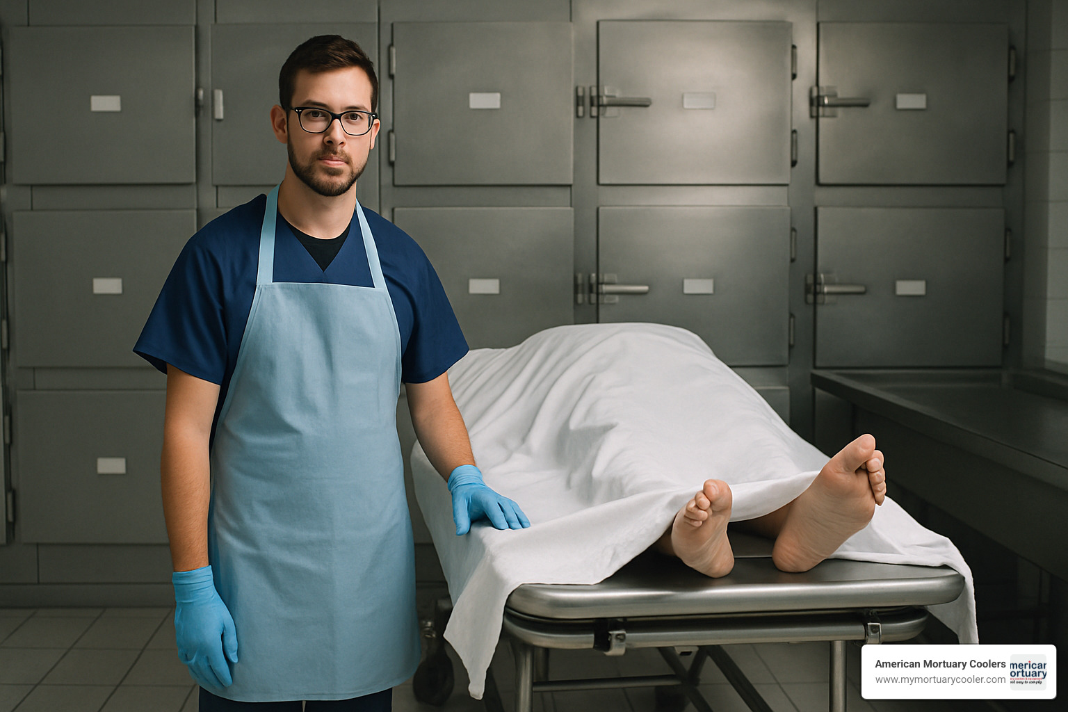 Mortuary equipment trade show with professionals examining new technology - job in mortuary