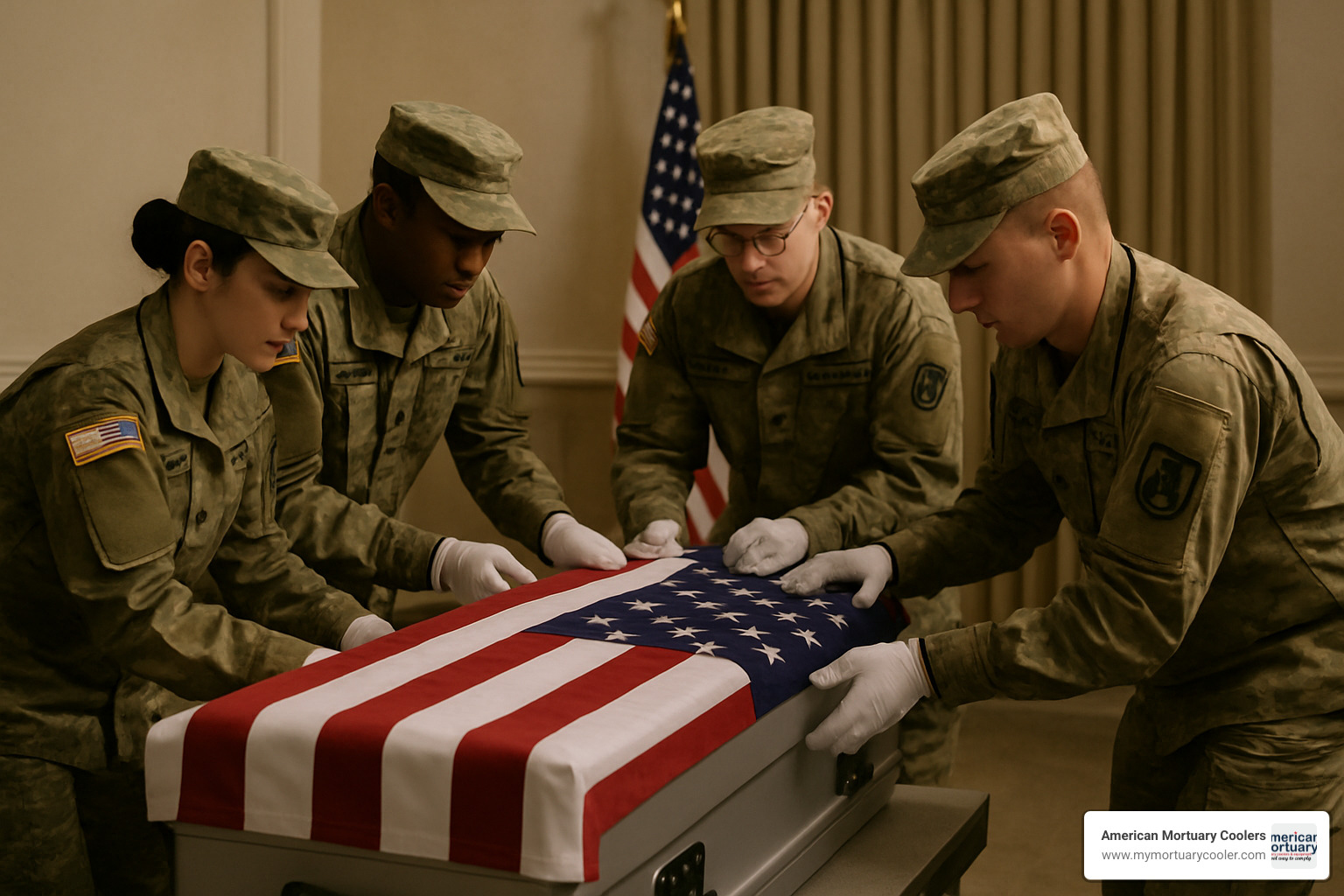 Military mortuary affairs specialists preparing transport case - for contingency operations-related deaths