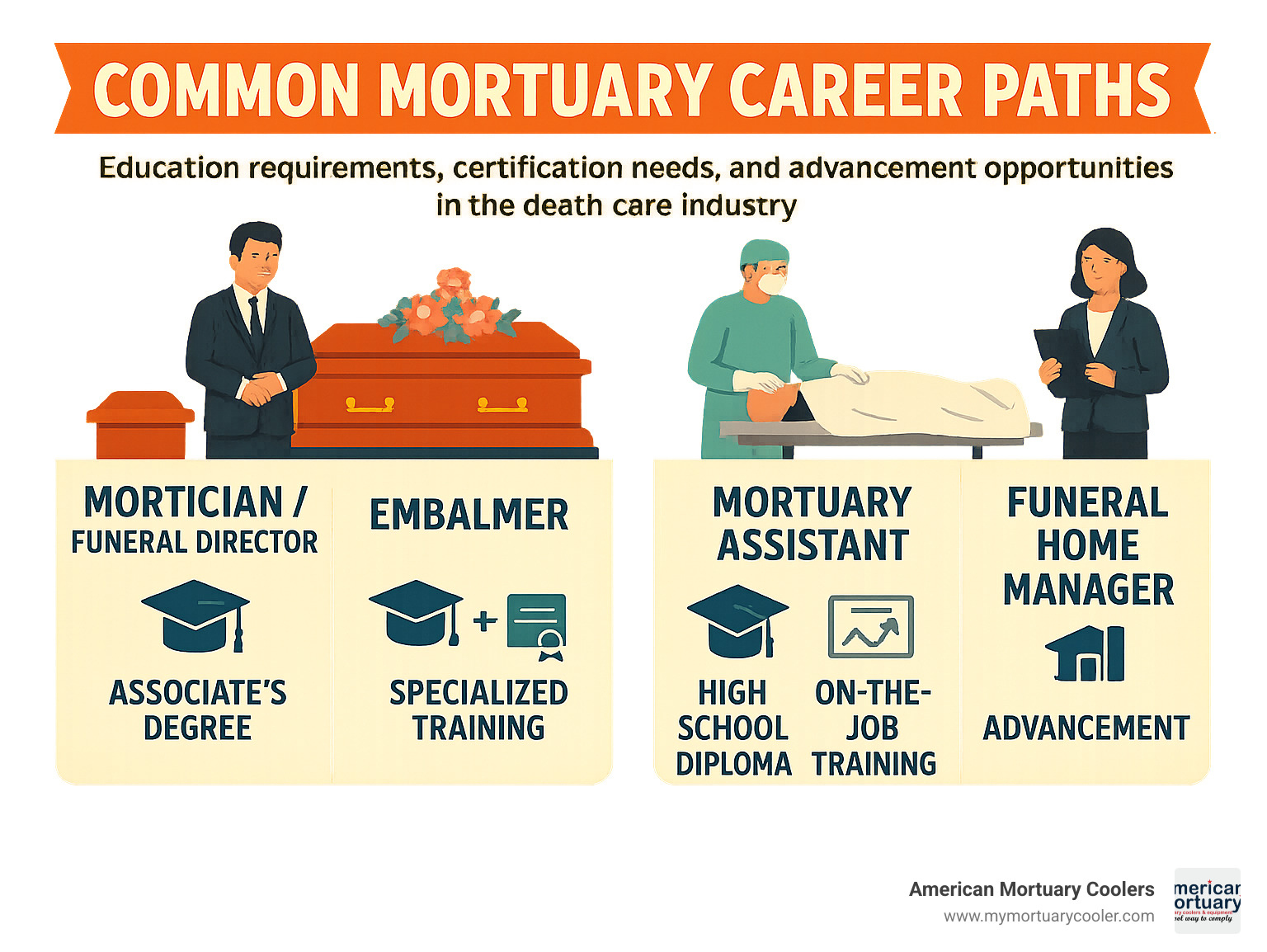 Common mortuary career paths showing education requirements, certification needs, and advancement opportunities in the death care industry - job in mortuary infographic 