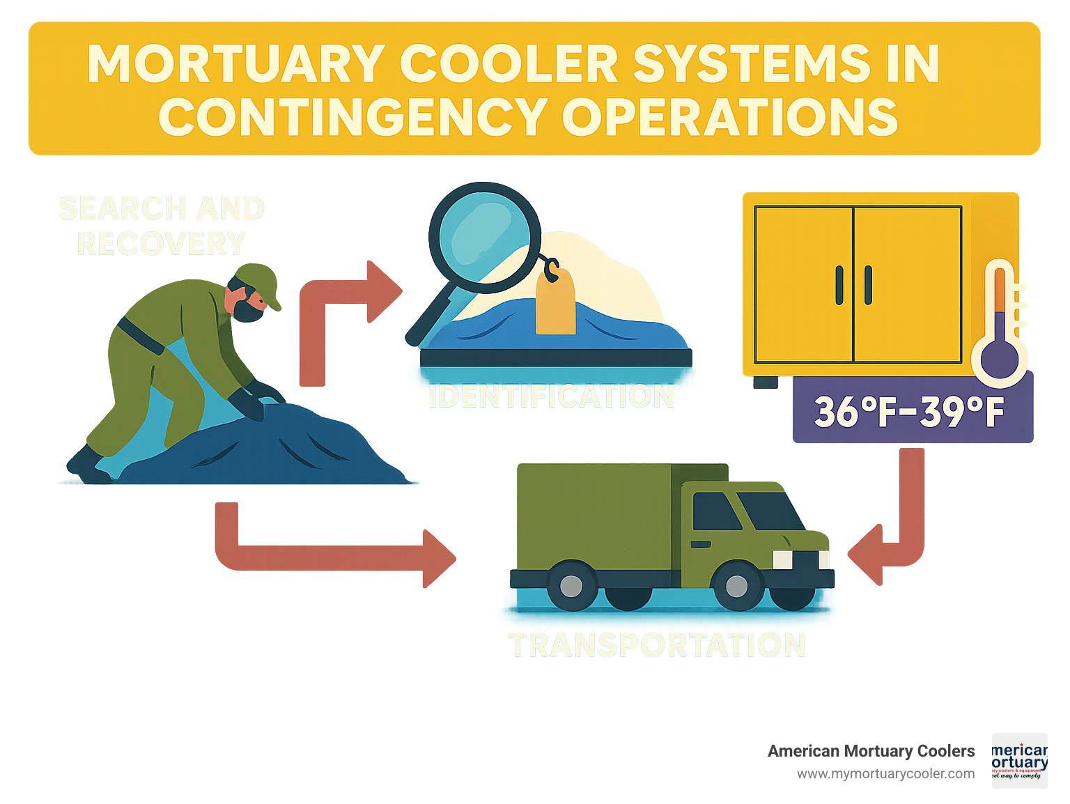 Workflow diagram showing mortuary cooler systems in contingency operations - for contingency operations-related deaths infographic 