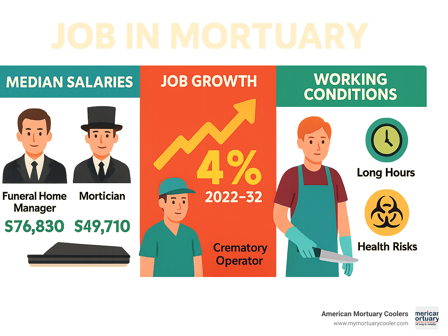 Infographic showing median salaries, job growth projections, and working conditions for various mortuary positions - job in mortuary infographic 