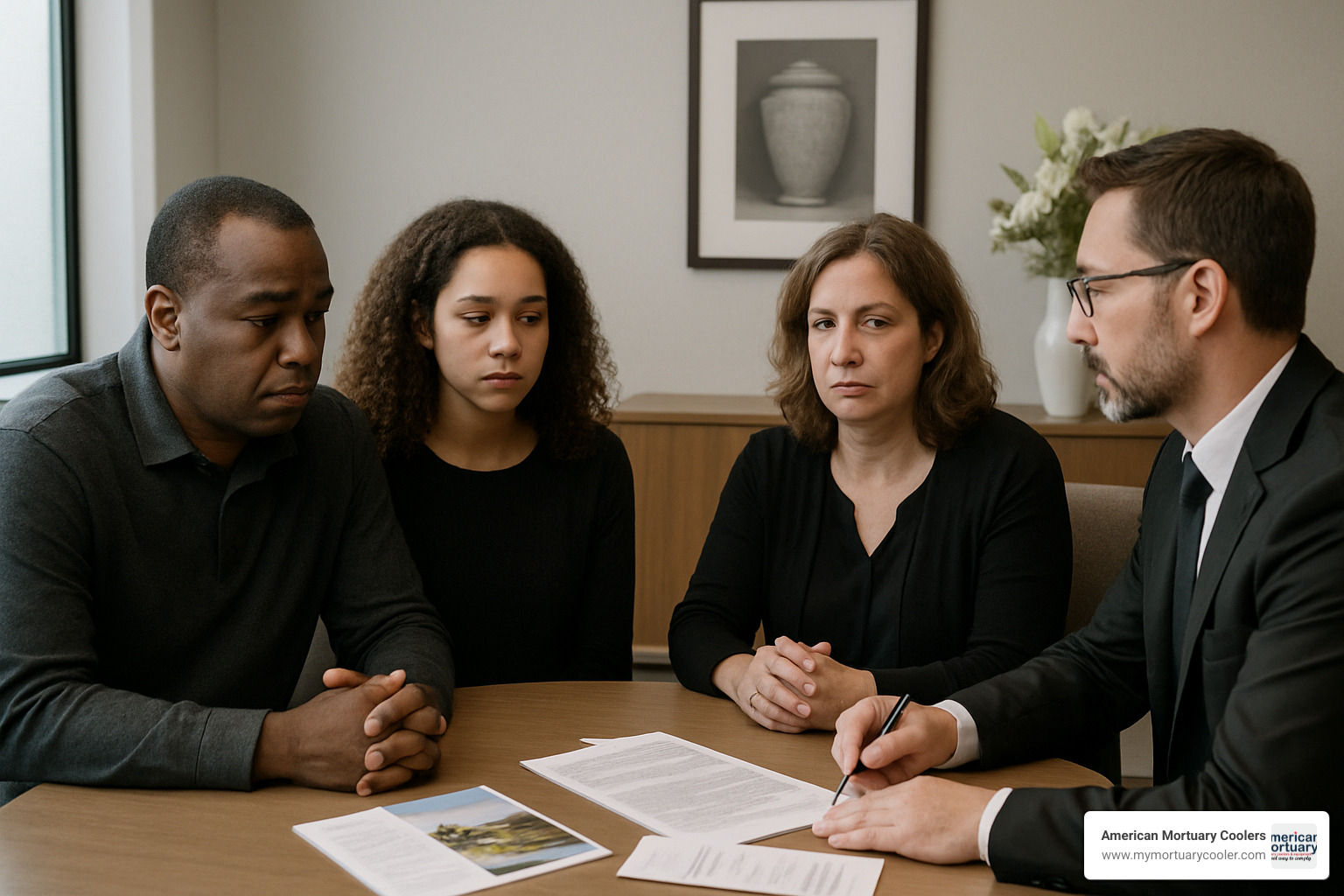 Family discussing funeral options with funeral director - person authorized to direct disposition